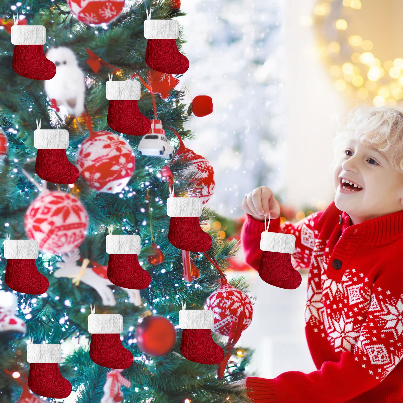 24 Stück Weihnachts-Mini-Strümpfe, roter Zopfstrick, Weihnachten, rustikaler Strumpf, Mini-Strümpfe, Weihnachtsstrümpfe, kleine Urlaub, hängende Dekorationen, Baum, Party-Dekoration