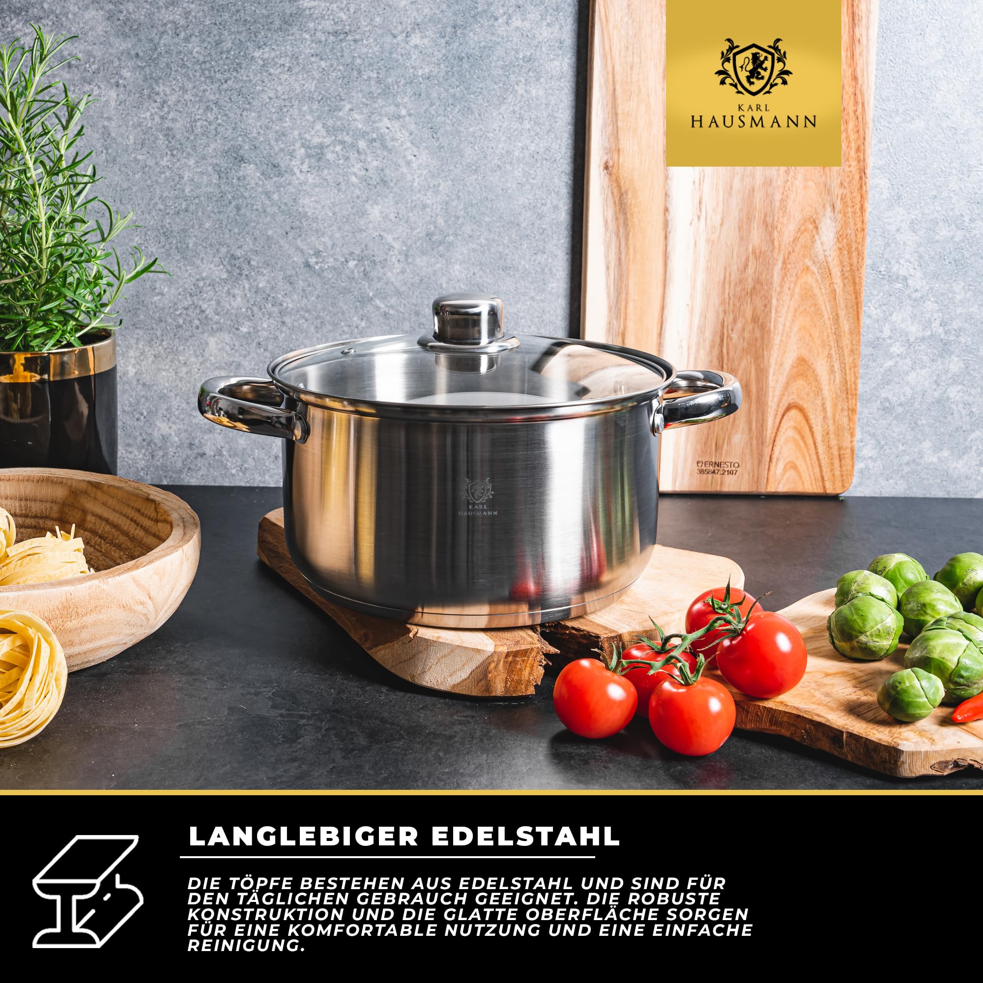 KARL HAUSMANN Topfset Induktion Edelstahl 4-Teilig - Kochtöpfe für Alle Herdarten - Kochtopf Set mit Glasdeckel - Töpfe mit Messskala - Topf Set - Kochtopfset - Topfsets - Pots - Induktionstöpfe