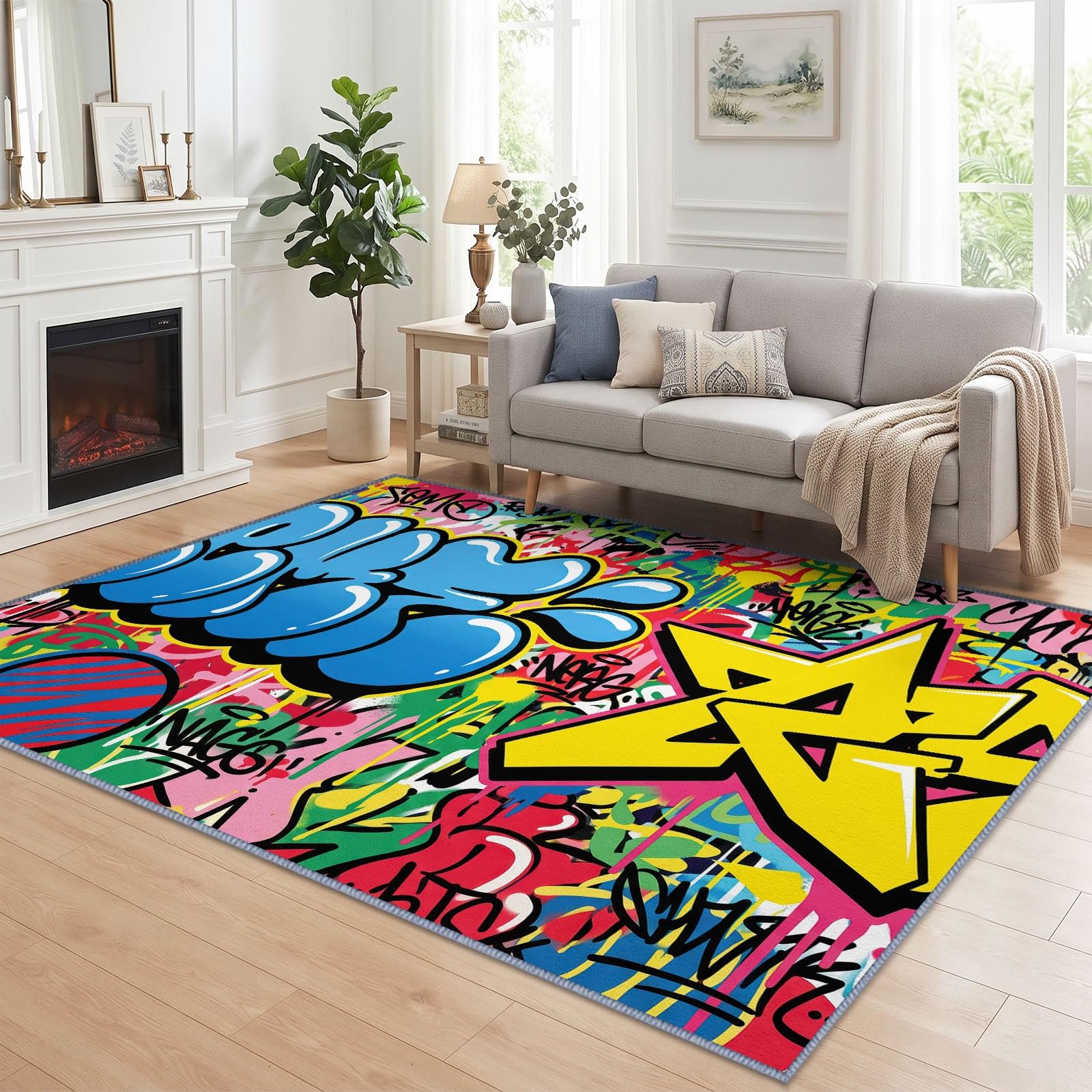 Générique Tapis Lavable Graffiti Lettre 120x170 cm, pour Salon Chambre Cuisine Salle à Manger Bureau Salle de Bain, Pop Art Funky Tapis Poils Courts, Antidérapant
