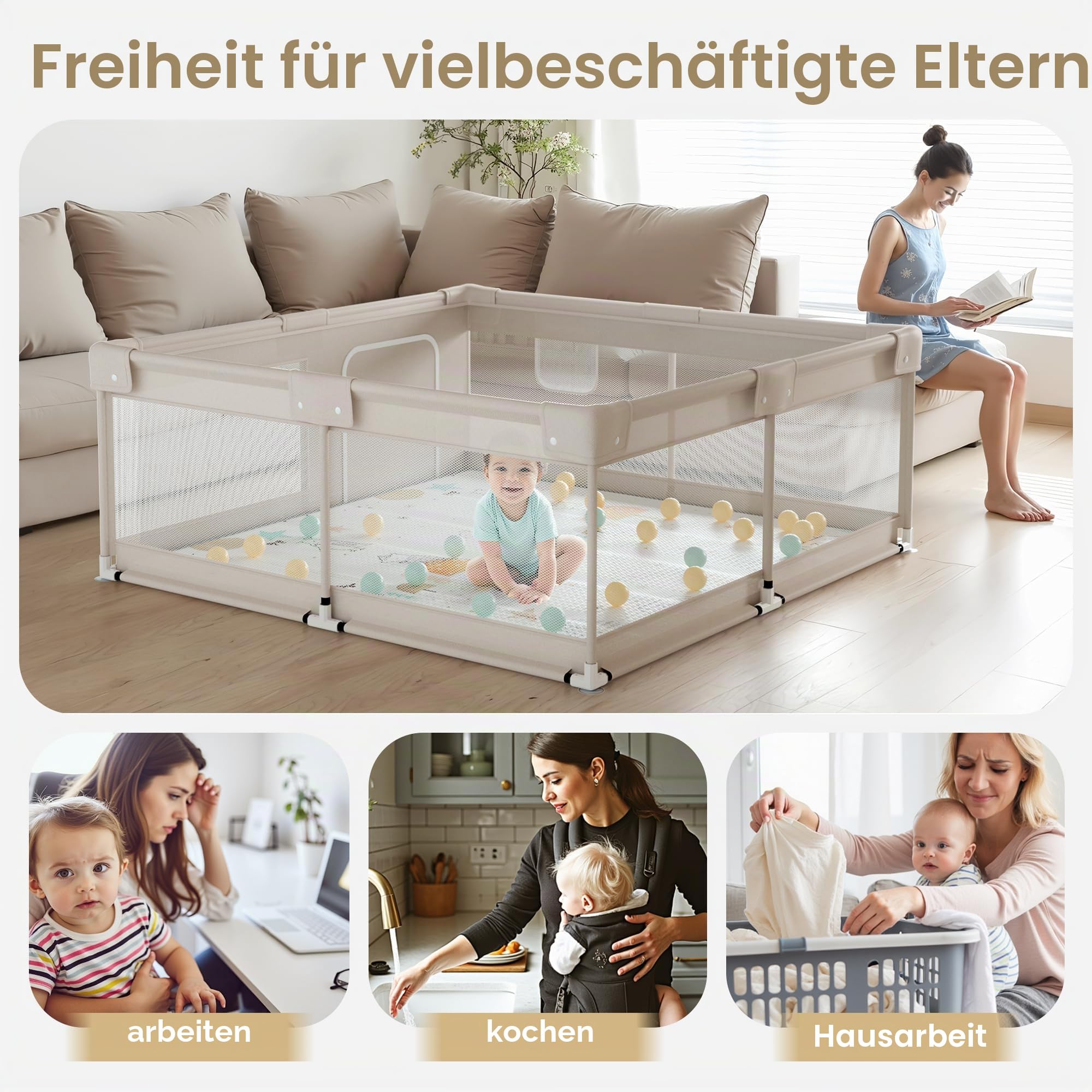 Laufstall Baby 150×150cm - XXL Laufgitter Baby mit Spielmatte, Laufgitter mit Atmungsaktivem Netz an Vier Seiten und Saugnäpfen