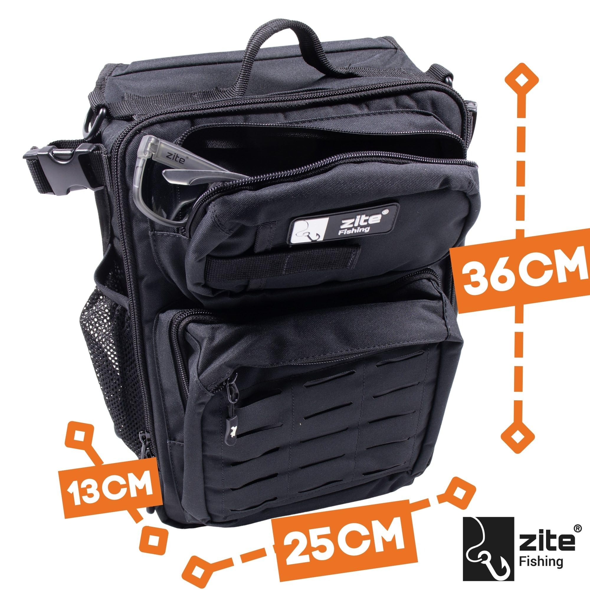 Zite Fishing Slingbag Angeln | Angelrucksack mit 2 Tackleboxen für Angelzubehör | 36×25×13cm Angeltasche | Umhängetasche Extra dickes Rückenpolster | Flaschenhalter & Ideal für Spinnfischen