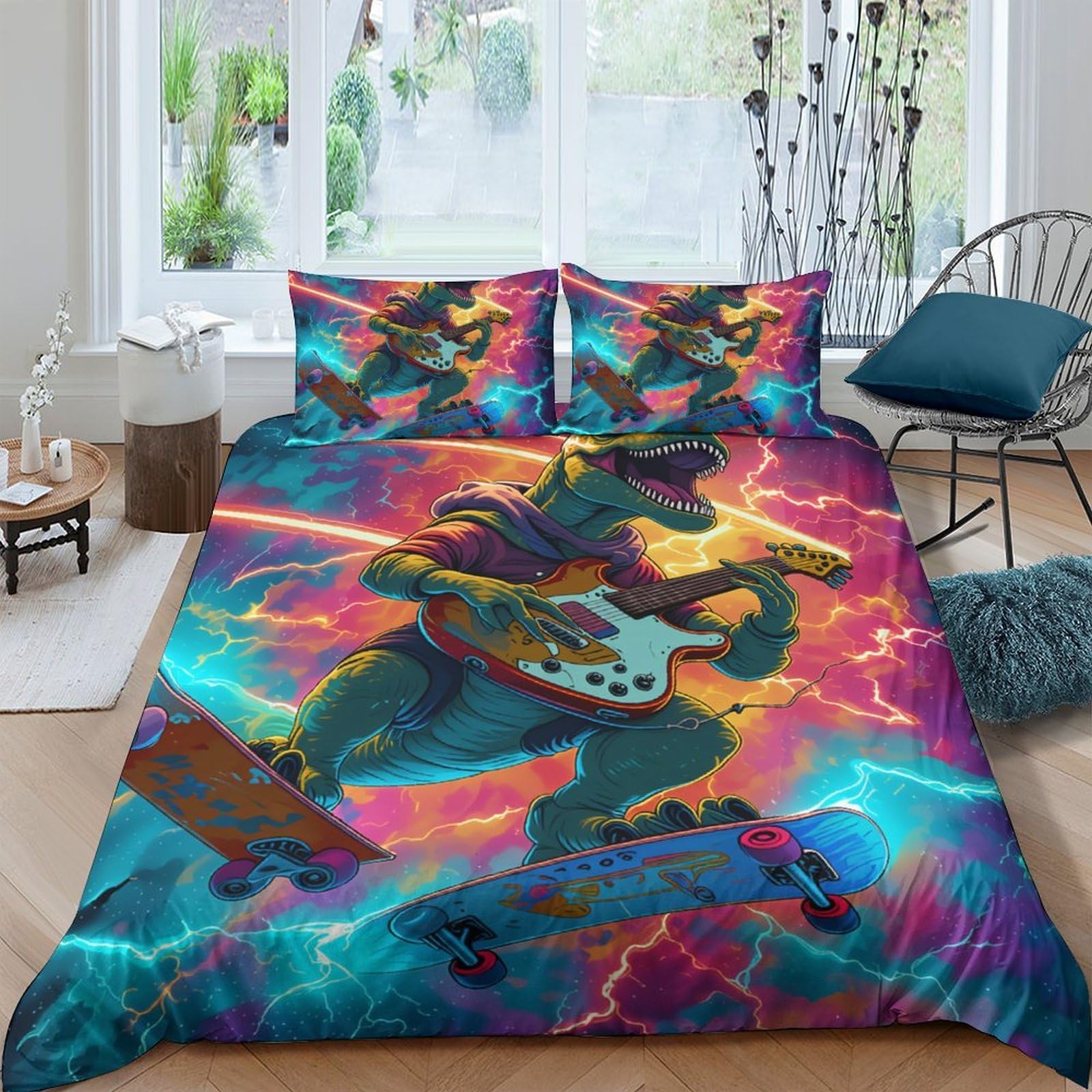Ctjqhvkz Style-4 3D Printed Electric Dinosaur Fitted Sheet Microfiber Colorful Guitar Art Mattress Cover Bedroom Decor Single（135X200cm）