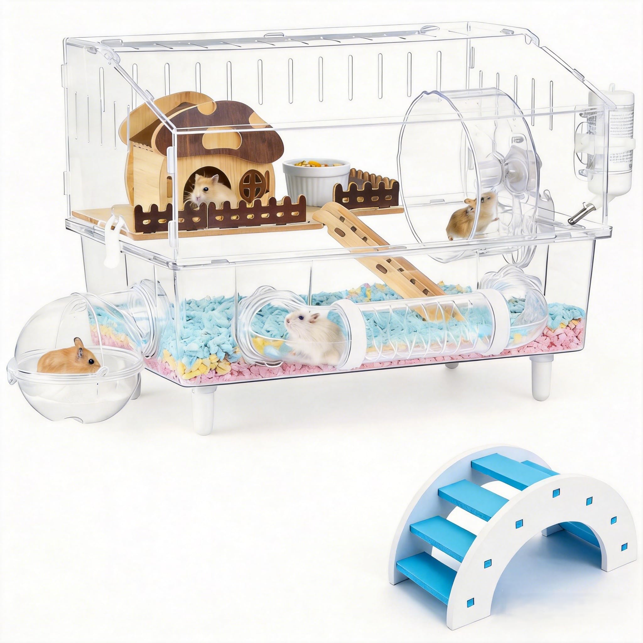 9-in-1 Acrylic Hamster Cage Habitat with All Accessories, Clear 2-Level Enclosure with Exercise Wheel, Water Bottle, Wooden House and Play Ball