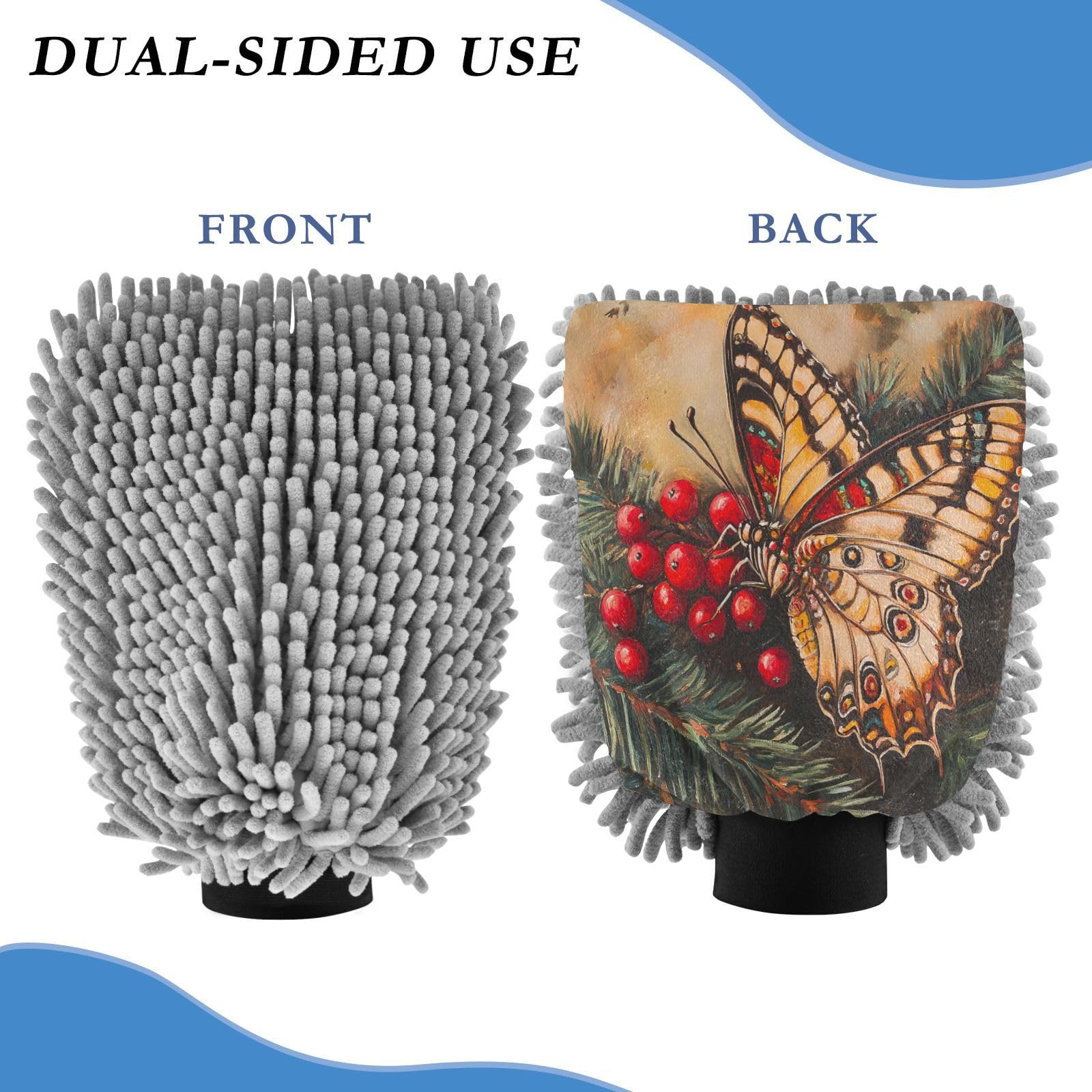 STAYTOP Retro Butterfly and Berry Car Wash Mitt Microfiber, 2Pcs Scratch Free Lint-Free, Premium Chenille Microfiber Mitt Car Wash Brush-M