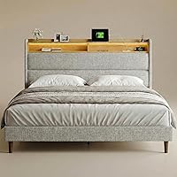 RIHHA Full Size Grey Upholstered Platform Bed Frame with 51.8" Wingback Storage Headboard, Type-C Charging Station & RGB LED Lights - No Box Spring