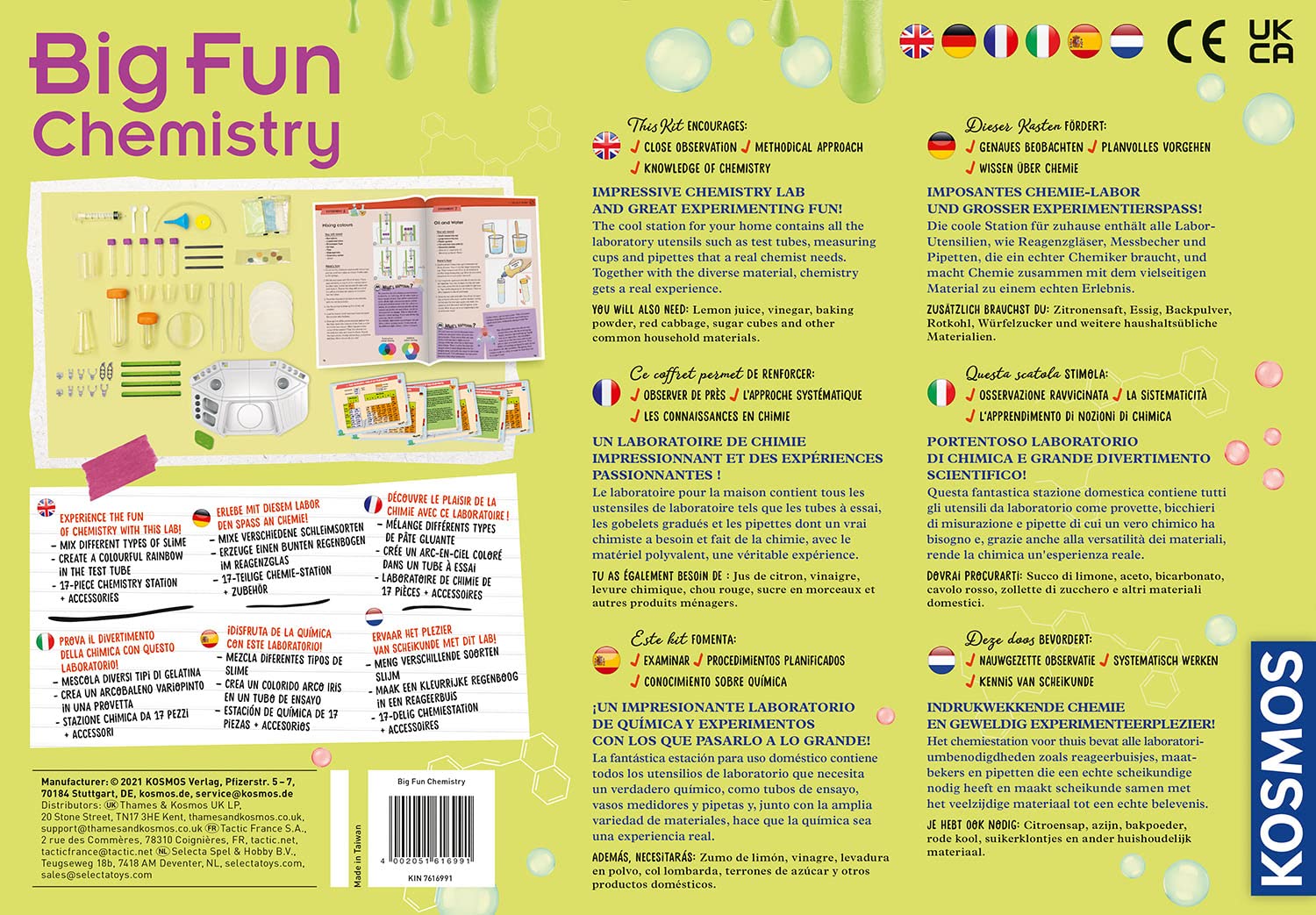 KOSMOS Big Fun Chemistry – szalona stacja chemiczna, zestaw eksperymentów, laboratorium dla dzieci od 8 lat, lśniący śluz, bulgotające płyny, zmieniające się kolory, wielojęzyczna instrukcja obsługi