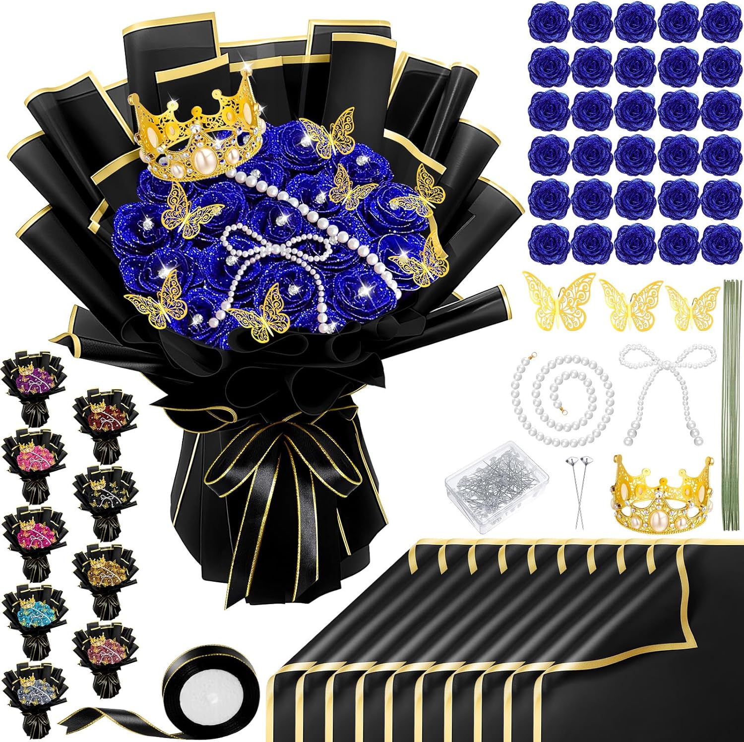 Daifunli 196 Pcs DIY Glitter Graduation Gifts Roses Bouquet Artificial Flower Bouquet Kit Birthday Gifts Flower Wrapping Paper 3D Butterflies Crowns for Grad Wedding Birthday Anniversary(Blue)