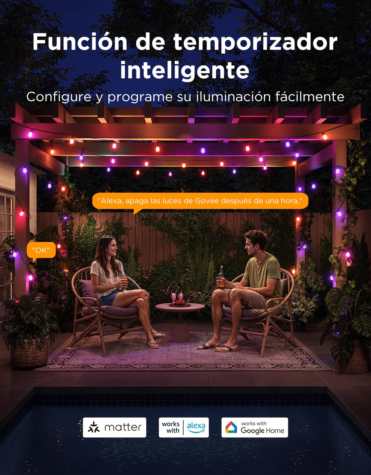 Govee Guirnalda Luces Exterior 15M, RGBICW 65lm pro LED, App Control, IP66 | 16M Colores DIY, 111+ Modos de Escenas, Sync Música, Matter/Alexa/Google, 25000h, Instal. Fácil, Jardín/Balcón/Terraza