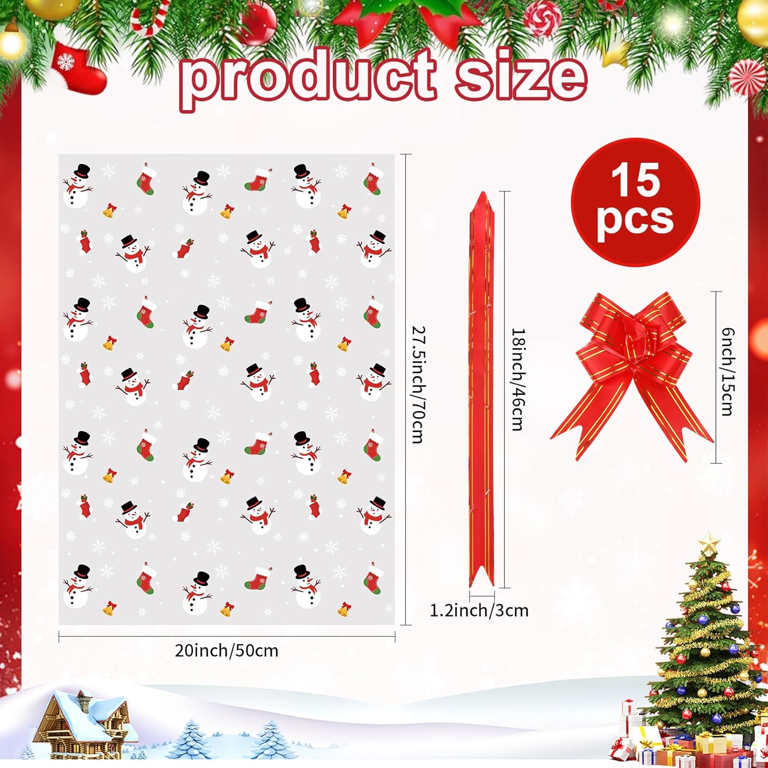 Christmas Cellophane Bags for Basket, 20x28 Inch Large Cellophane Christmas Bags, 15 PCS Xmas Cellophane Wrap Bag with Pull Bows, Plastic Clear Gift Bag for Xmas Basket Holidays Gift Wrapping(Snowman) - Image 2