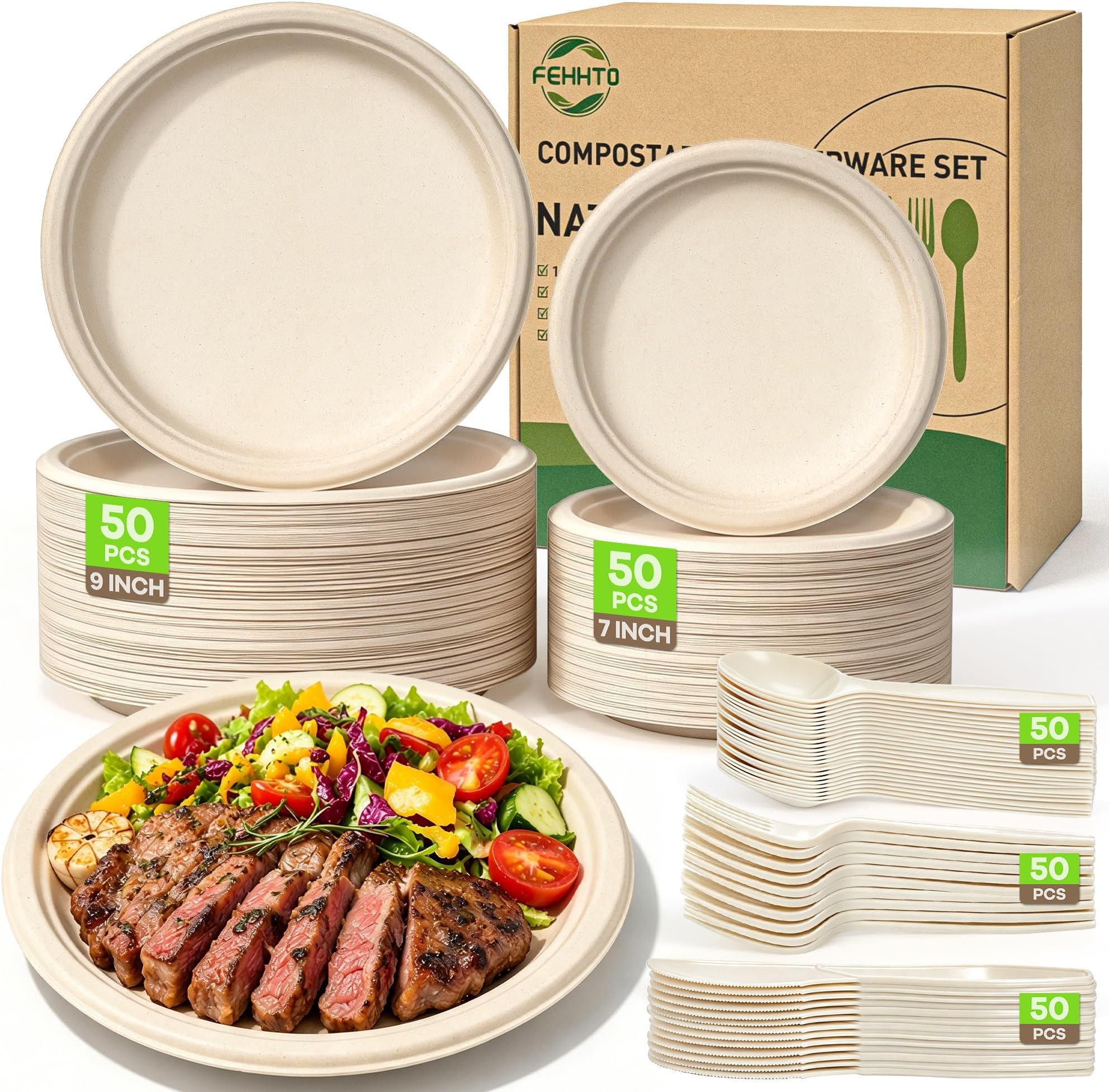 Compostable Paper Plates Set, 250PCS Disposable Heavy-Duty Sugarcane Plate and Eco-Friendly Utensil Biodegradable Dinnerware Plates, Extra Long Forks & Knives & Spoons for Party