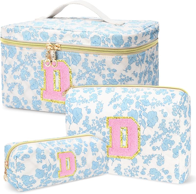 Conjunto DOSUKE com 3 necessaires de algodão matelassado, estampa floral azul, inicial D, zíper, modelo 8652