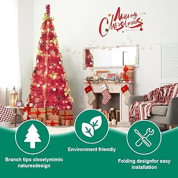 6FT Pop Up Christmas Tree with Lights, Prelit Collapsible Christmas Tree with 150 Warm White Lights, 1 Minute Xmas Trees, Decorated Foldable Artificial Trees for Party, Holiday Decoration (Red)