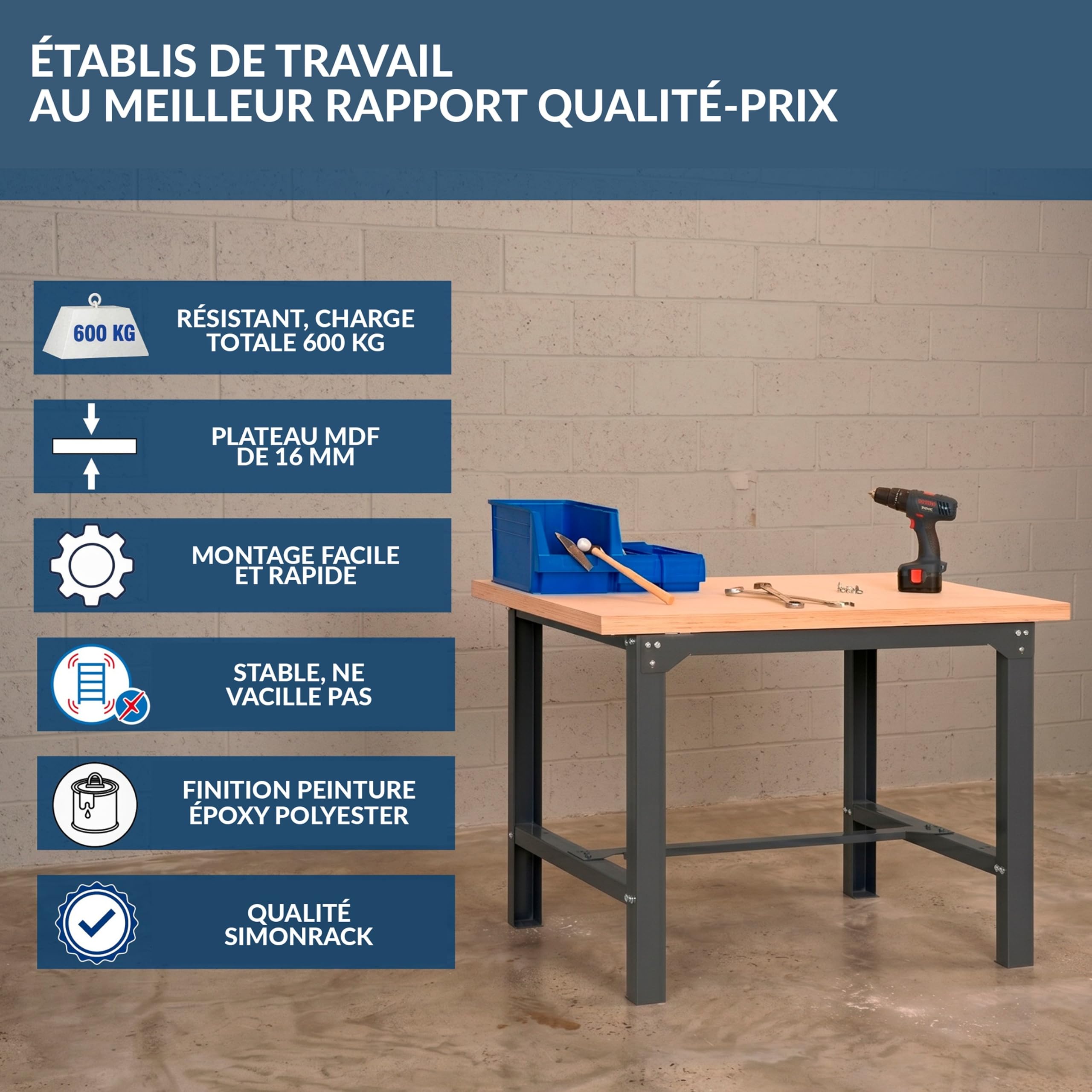 SimonRack Etabli d’Atelier, Capacité de Charge 600 kg, 865x1200x750 mm, Table de Travail Bricolage, Bleu/Bois Mdf - BT6