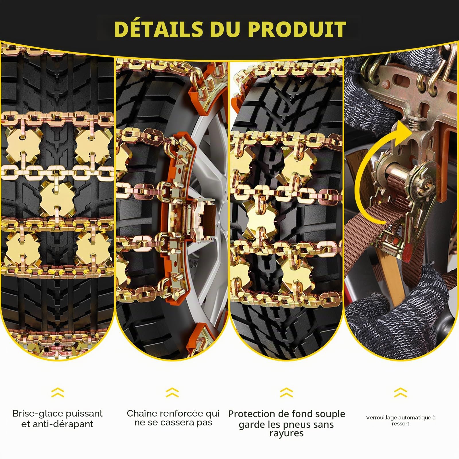 Lot de 6 chaînes à neige en fer avec gants pour tous les types de véhicules - Traction améliorée avec boucles en métal - Boucle à engrenage automatique - 185 mm - 245 mm
