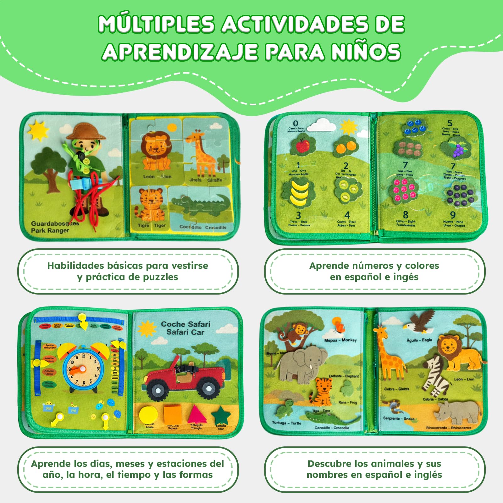 Busy Board Montessori Dwujęzyczne zwierzęta z dżungli hiszpański/angielski - zabawka sensoryczna dla niemowląt - Książka Montessori 3 lata filcu- Edukacyjna tablica Montessori z drobną motoryką