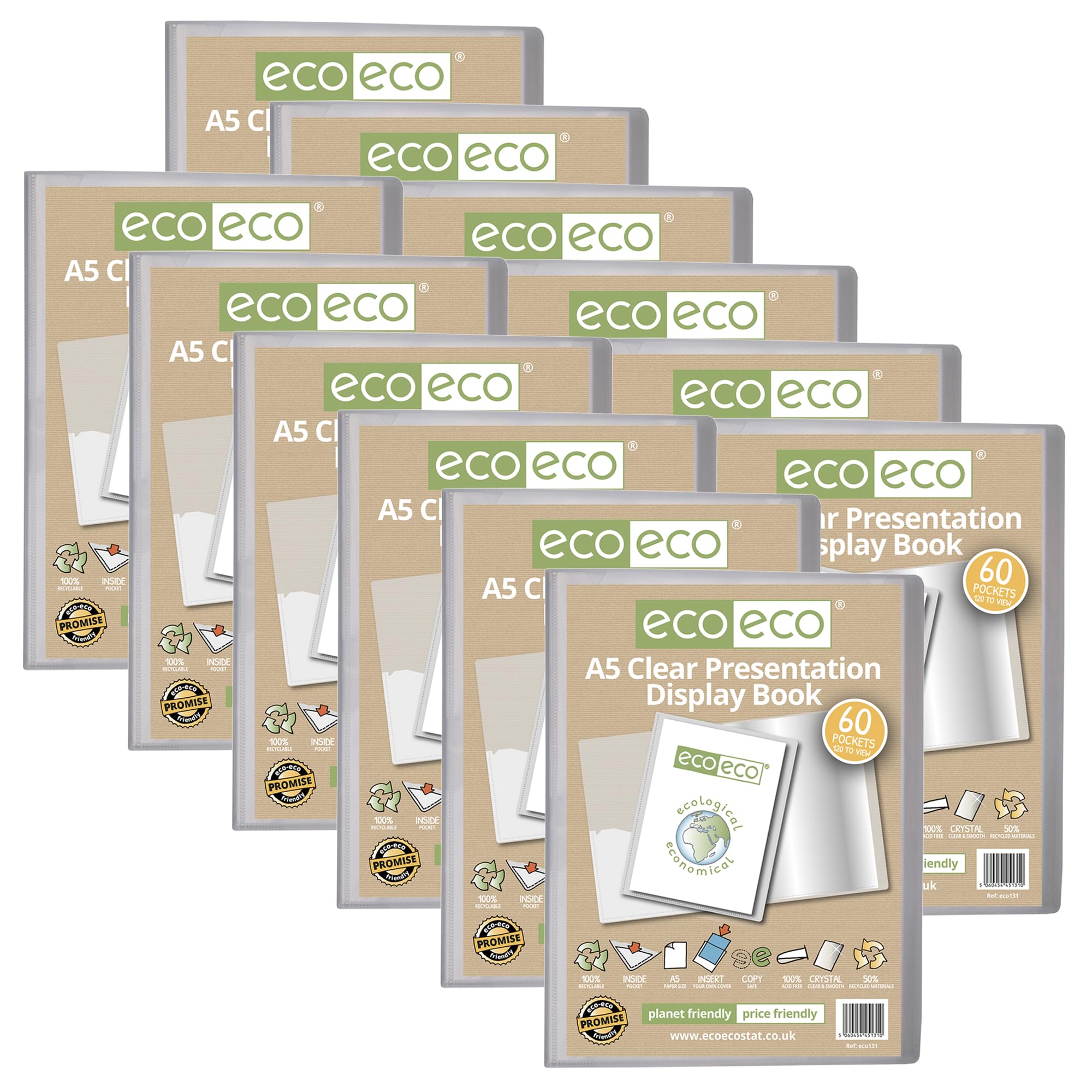 eco-eco A5 Size 50 Percent Recycled 60 Pocket Clear Presentation Display Book, Storage Case Portfolio Art Folder with Plastic Sleeves, Pack of 12