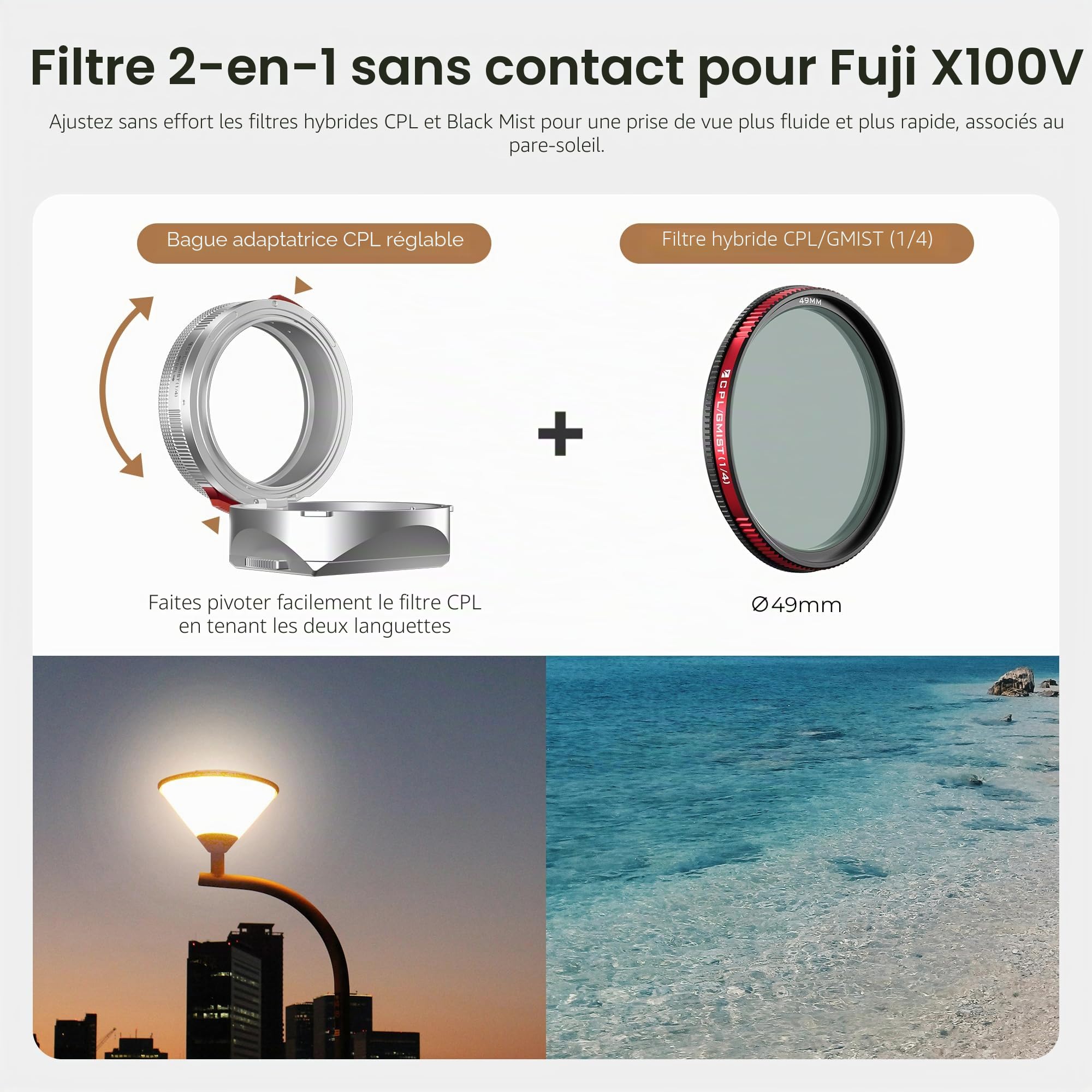 Freewell The Real Lens Hood CPL/Mist Filtre Hybride pour Fuji X100VI/X100V | Flip sans contact. Compatible avec Fuji X100VI, X100V et série X100. Argent