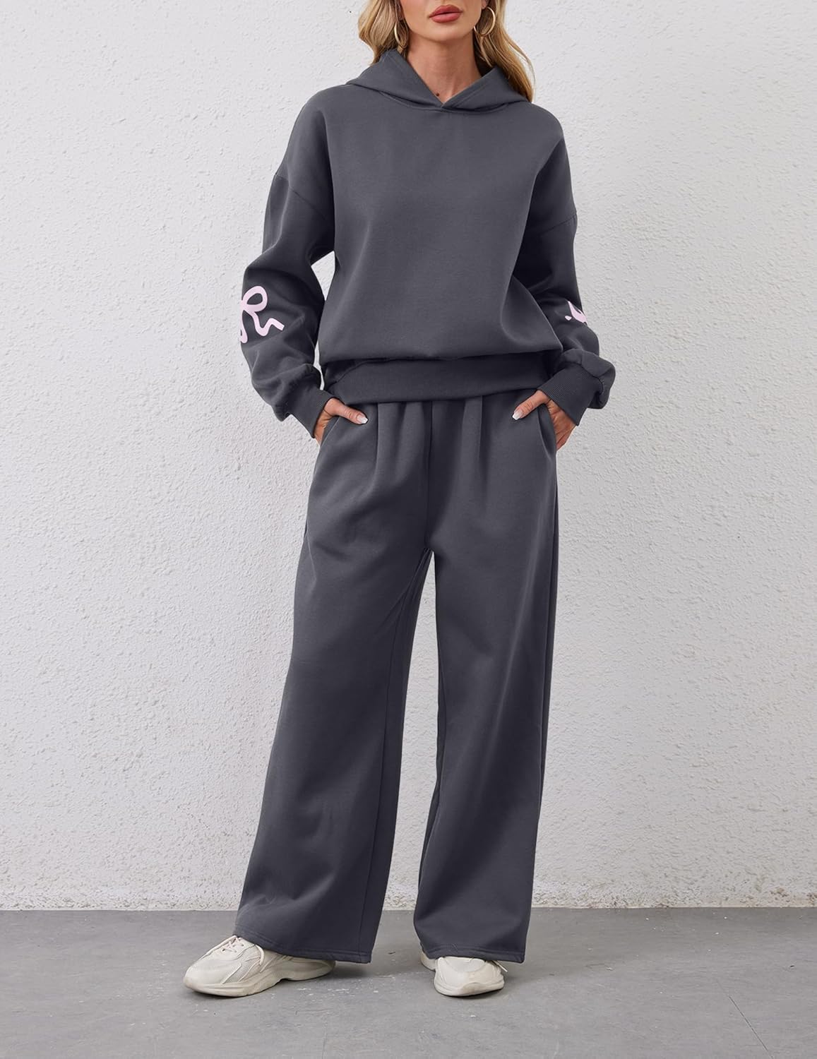 Womens 2 Piece Sweatsuits Bow Print Hoodies Sets Oversized Graphic Hoodie Wide Leg Sweatpants Fall Outfits - Image 3