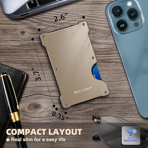 Miniatura 6 de BULLIANT Billetera de metal delgada para hombre, compatible con Airtag, compatible con Airtag, expandible para 15 tarjetas, bloqueo RFID, Champagne