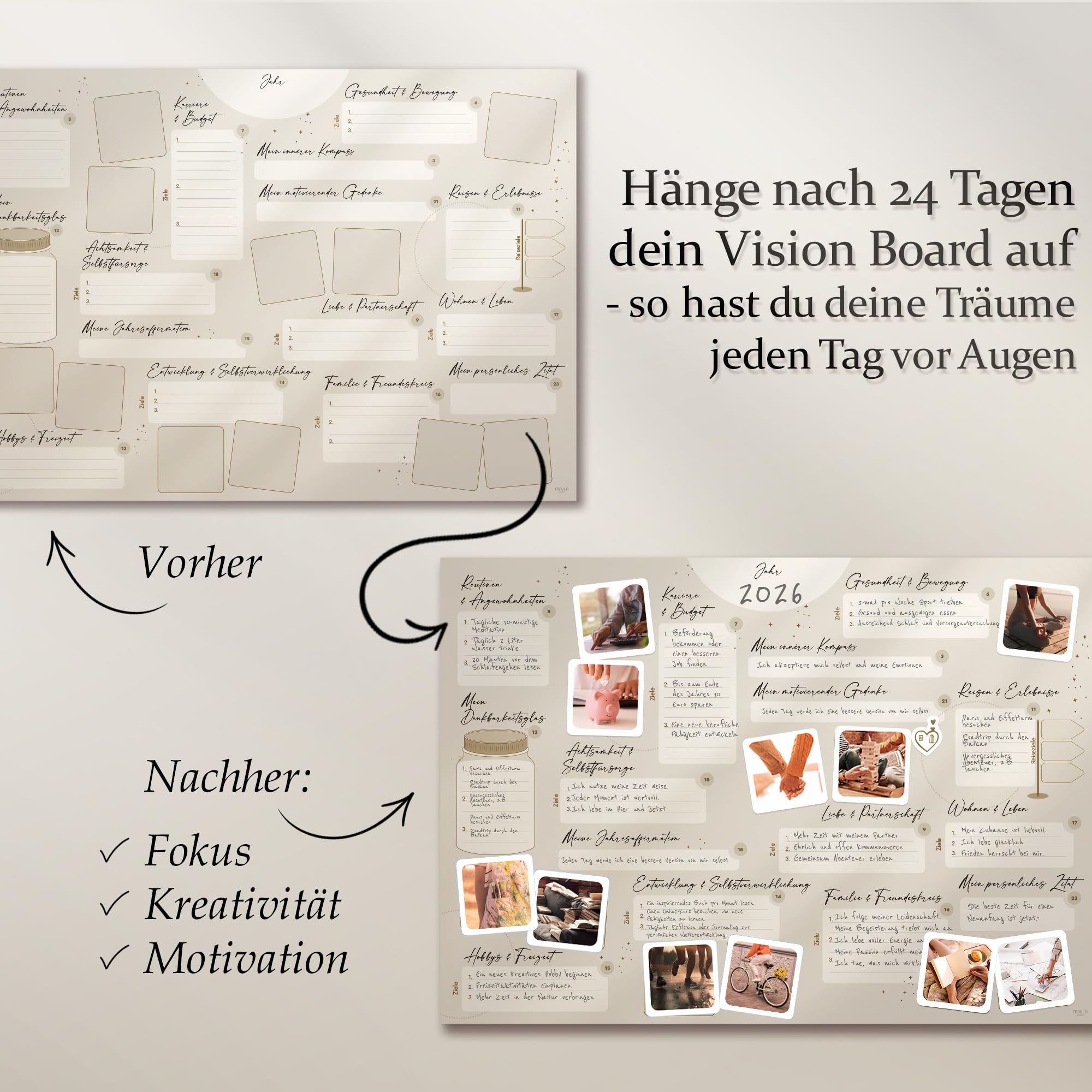 Vision Board Set 2026 – Mit 24 Aufgabenkarten, Poster & Inspirationskarten – Auch als Adventskalender Achtsamkeit 2025 nutzbar – Für Klarheit, Fokus, Motivation & persönliche Weiterentwicklung