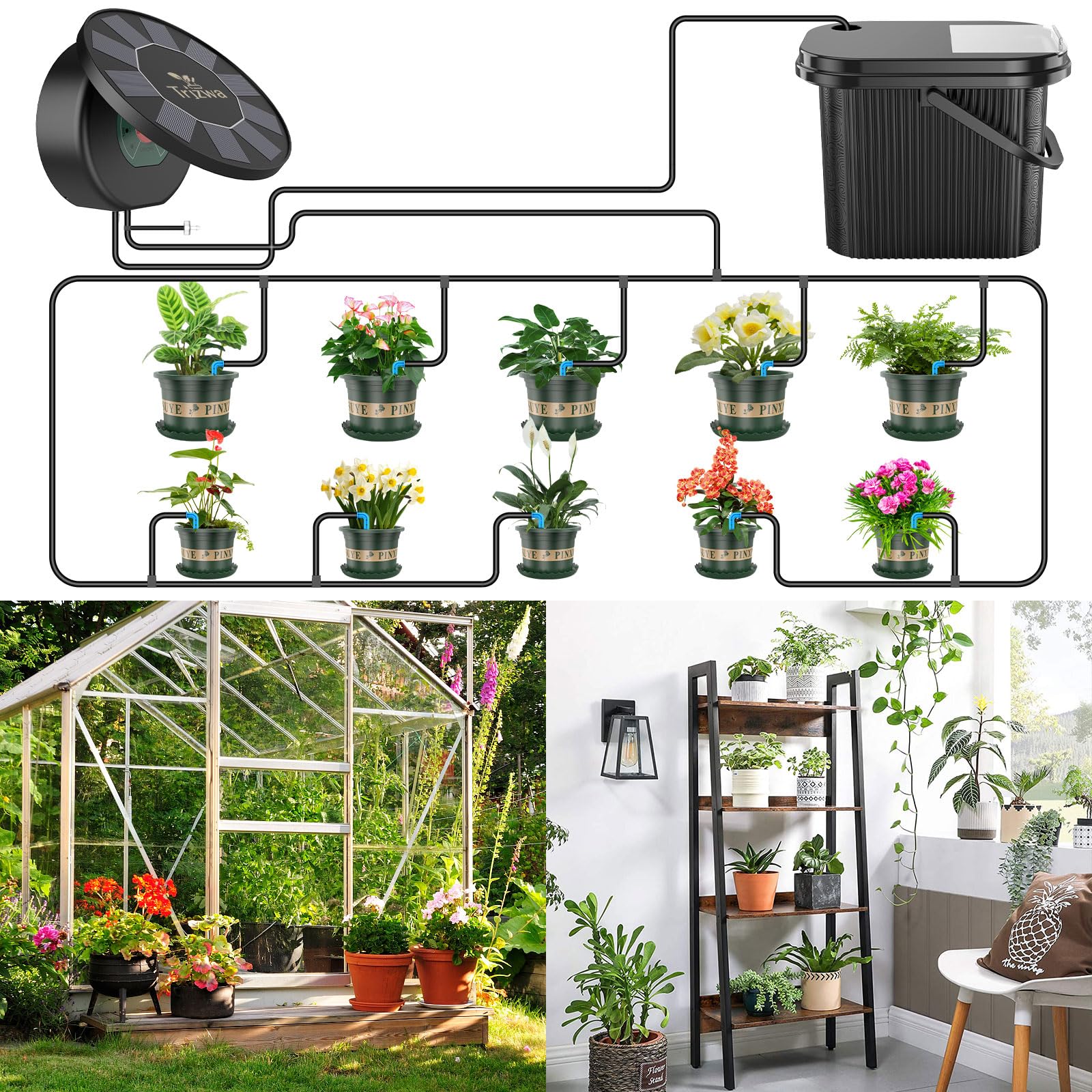 Système d'Arrosage Solaire Automatique, Batterie Haute Performance, Programmateur avec Réservoir d'Eau et Pot Séparé pour Balcon et Plantes | Programmateur pour Réservoir d'Eau et Pot Séparé, Balcon, Pot de Fleur, Plantes, Terrasse, Serre, Jardin, Idéal V