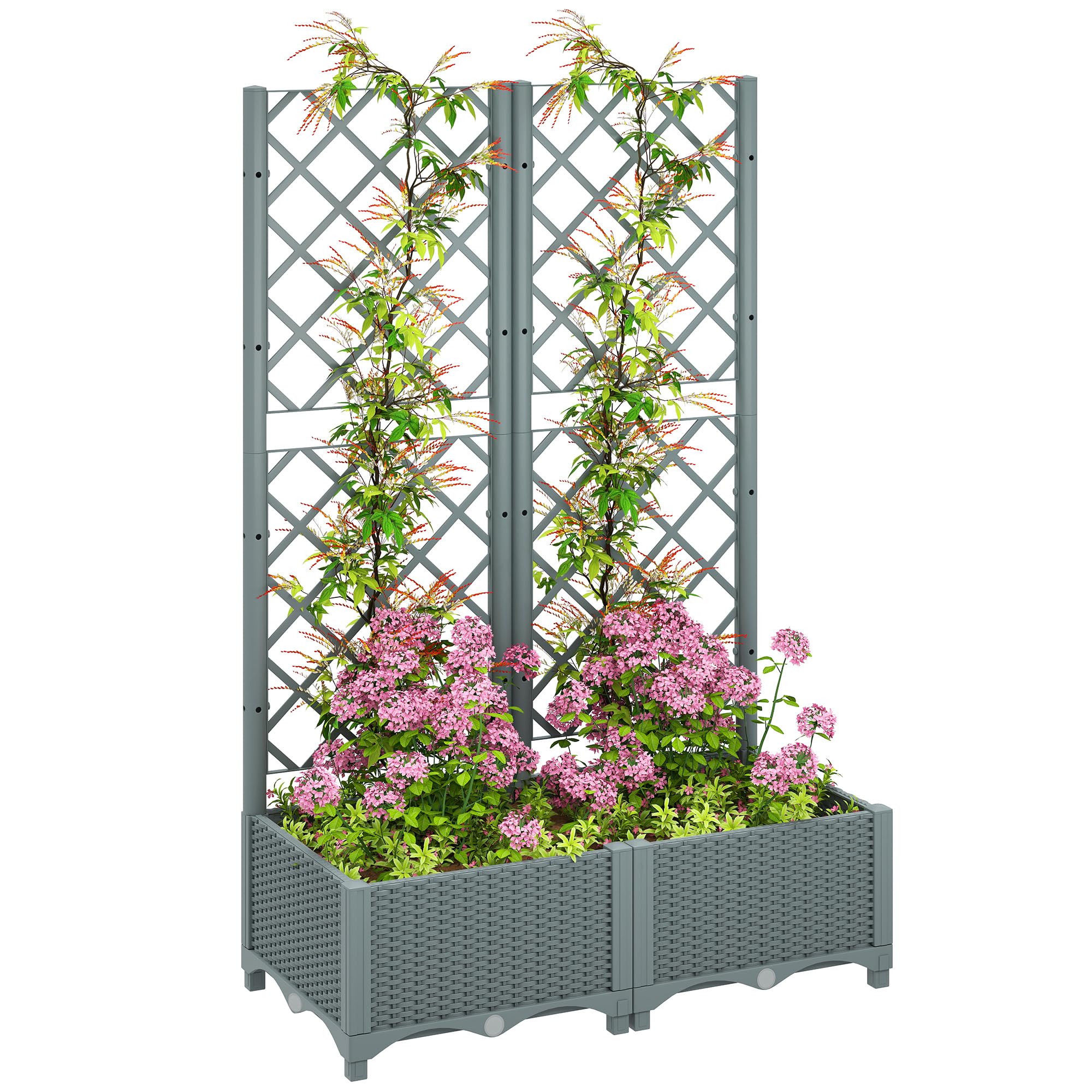 Outsunny Plastic Planter Box With Trellis, Vegetable Planter W/ Drain Plugs