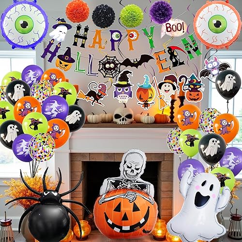 Miniatura 5 de Decoraciones de fiesta de Halloween pancarta, kit de arco de globos con fantasma blanco y globos de lámina de araña negra, serpentinas en espiral y