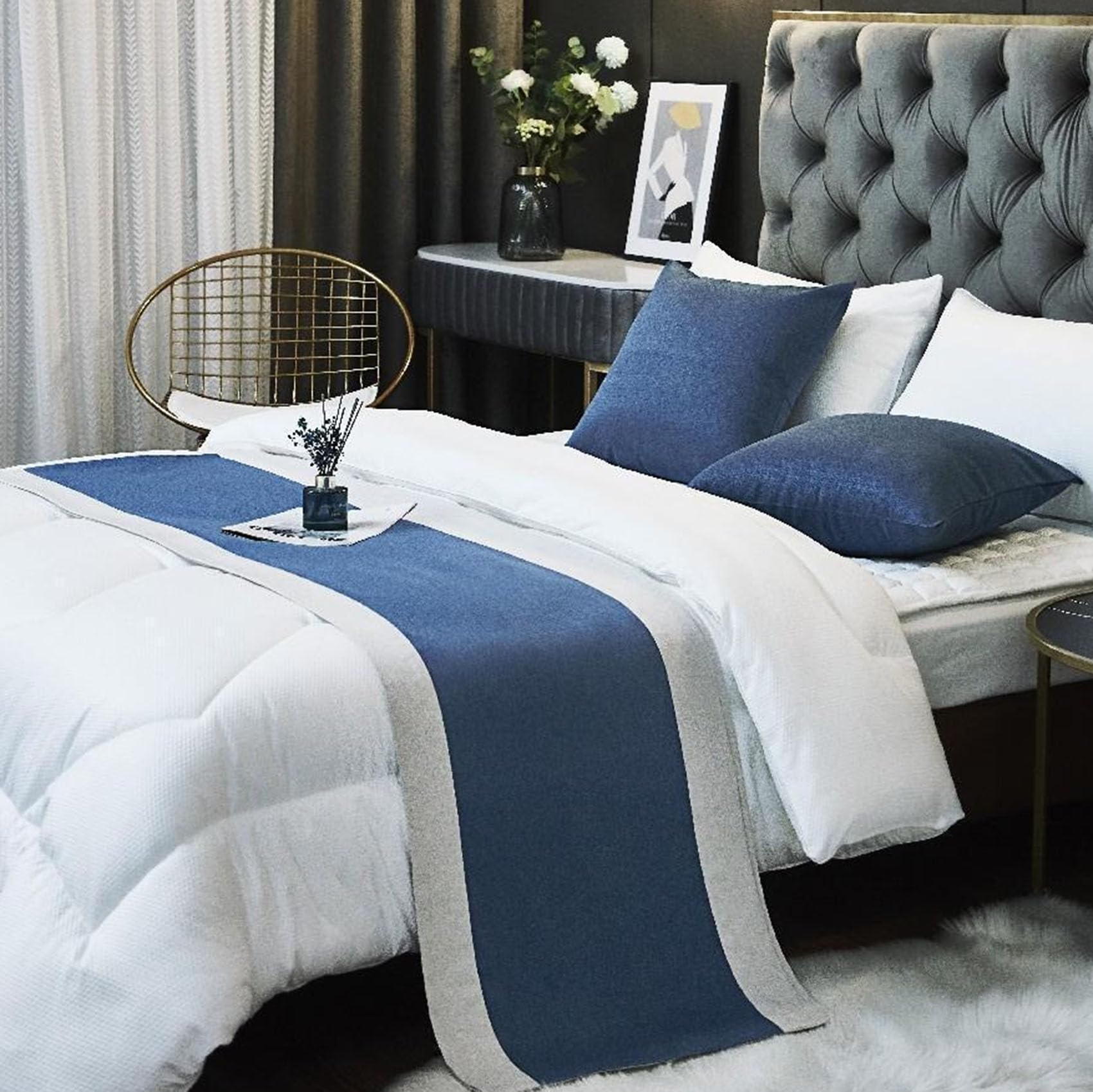 CLMETHE Cotton Linen Bed Runner Scarf Modern Geometric Bedding Protector Decorative Bed Cover for Home Hotel Wedding Guesthouse,B-50 * 210CM(1.5m bed)