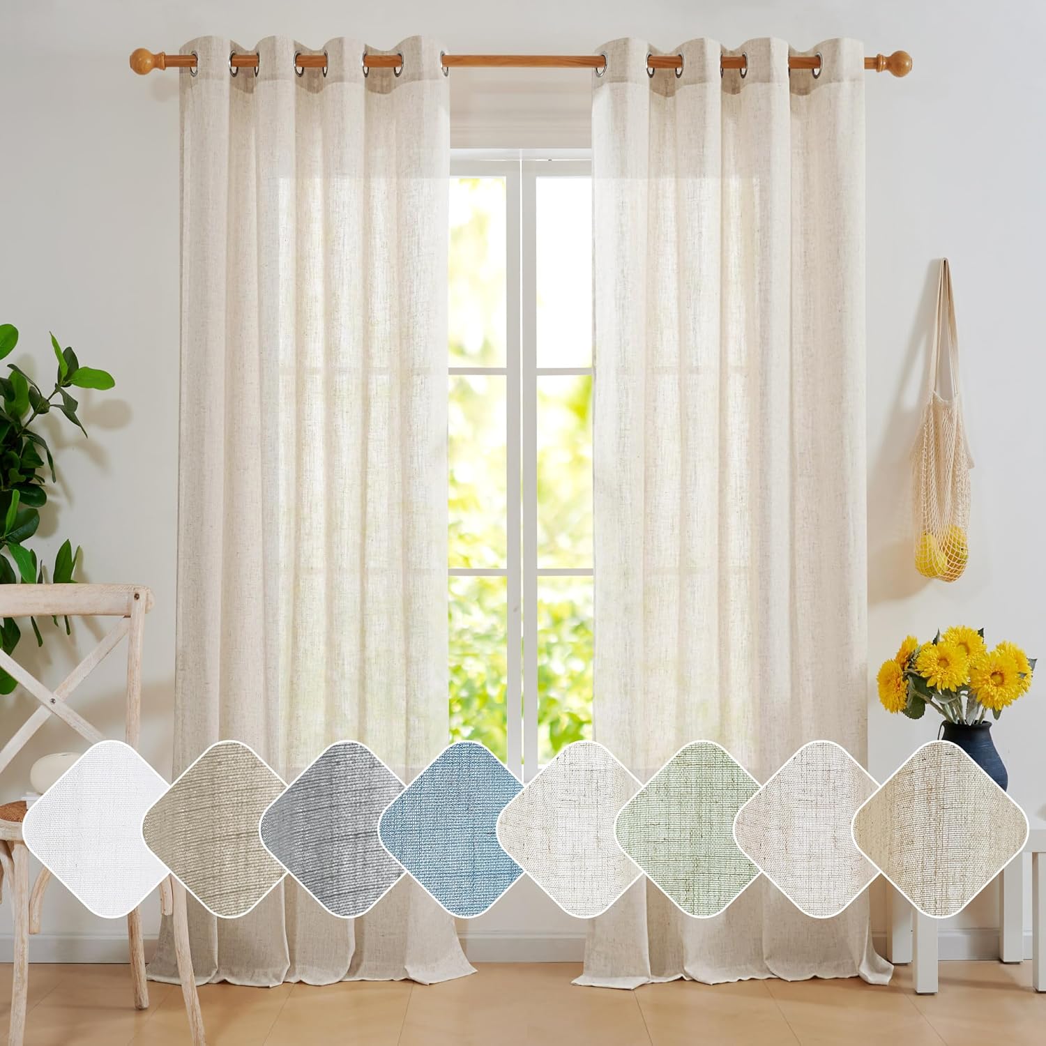 Deconovo Boho Curtains, Linen Blend Semi Sheer Curtains, Linen Look Grommet Solid Textured Drapes for Sliding Door, Flaxen, 2 Panels, 52x108 Inch