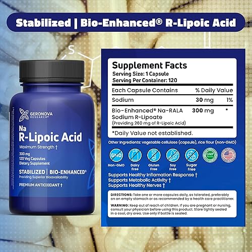 Miniatura 6 de Geronova Research Ácido R-Lipoico Bio-Mejorado, Cápsulas de 300 mg  Suministro de 12 Meses  Ácido R Alfa Lipoico Estabilizado con Absorción Mejorada