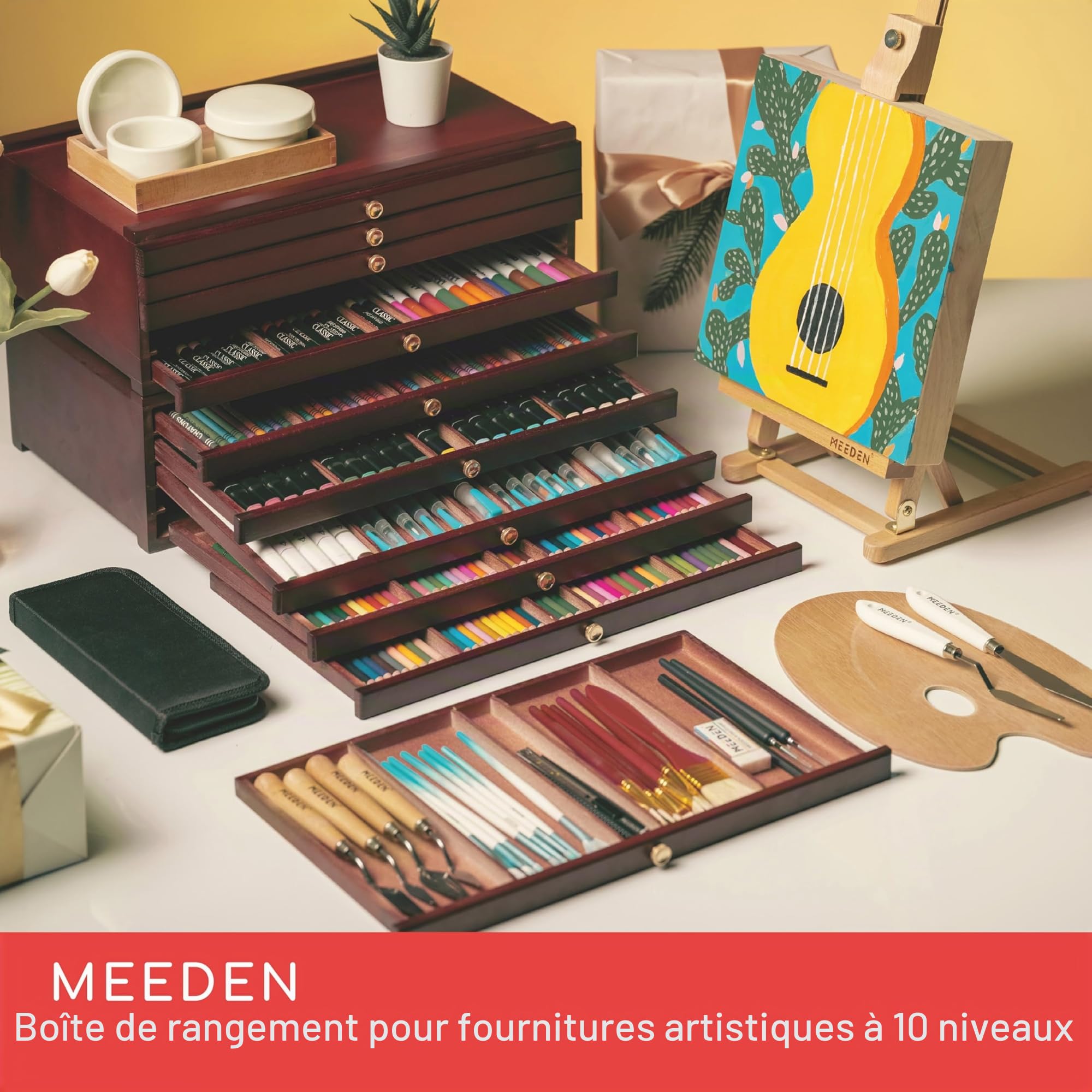 MEEDEN Boîte de rangement à 10 tiroirs en bois de hêtre multifonction avec tiroir et compartiments pour pastels, crayons, stylos, pinceaux de maquillage (couleur acajou)