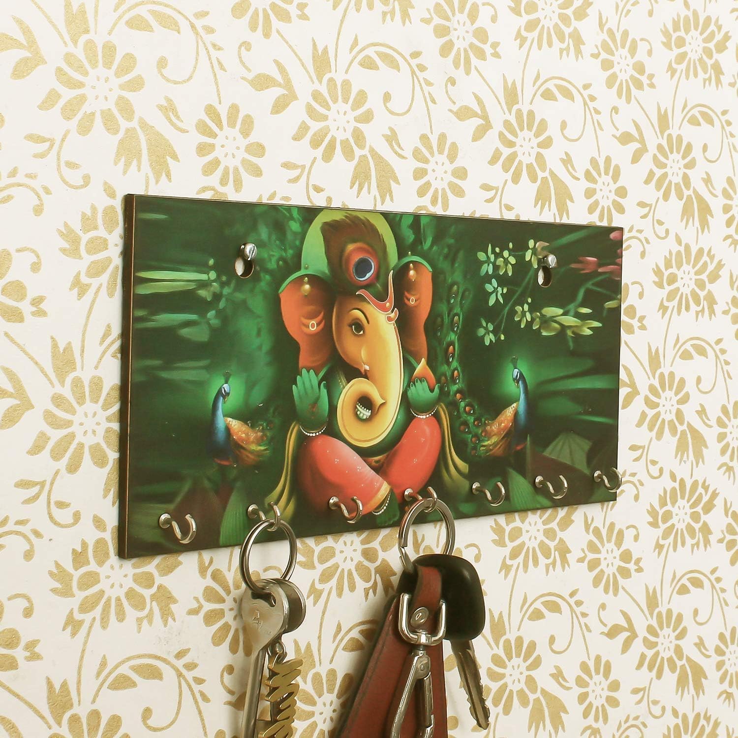 Decorative Wooden Key Holder with Lord Ganesha Design, 7 Hooks, Wall Mount, Peacock Motif Pack of 4