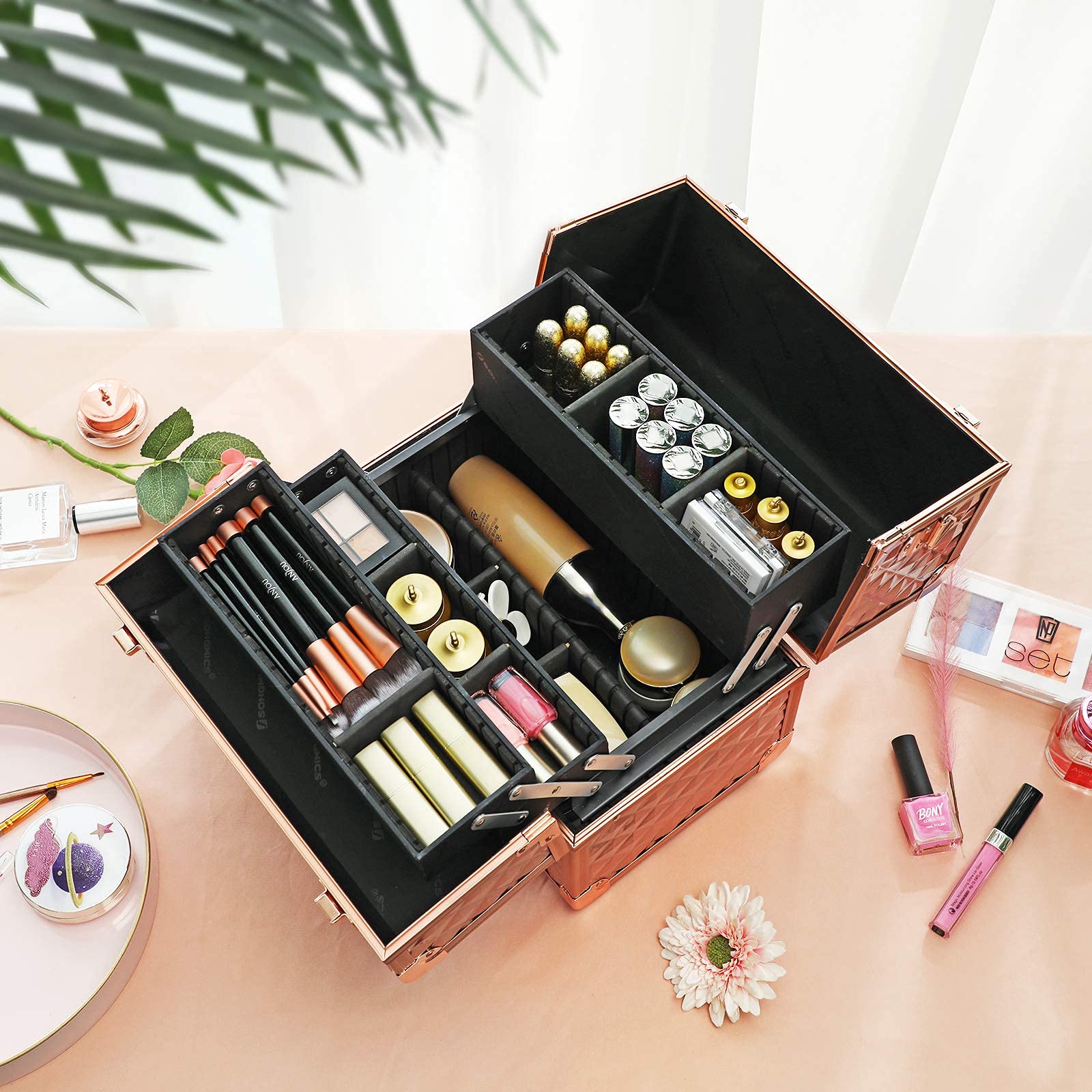 SONGMICS Kosmetikkoffer Schminkkoffer, Make-up Aufbewahrung, Organizer für die Reise, für Friseure und Visagisten, abschließbare Box mit Tragegurt, roségold metallic JBC323RD