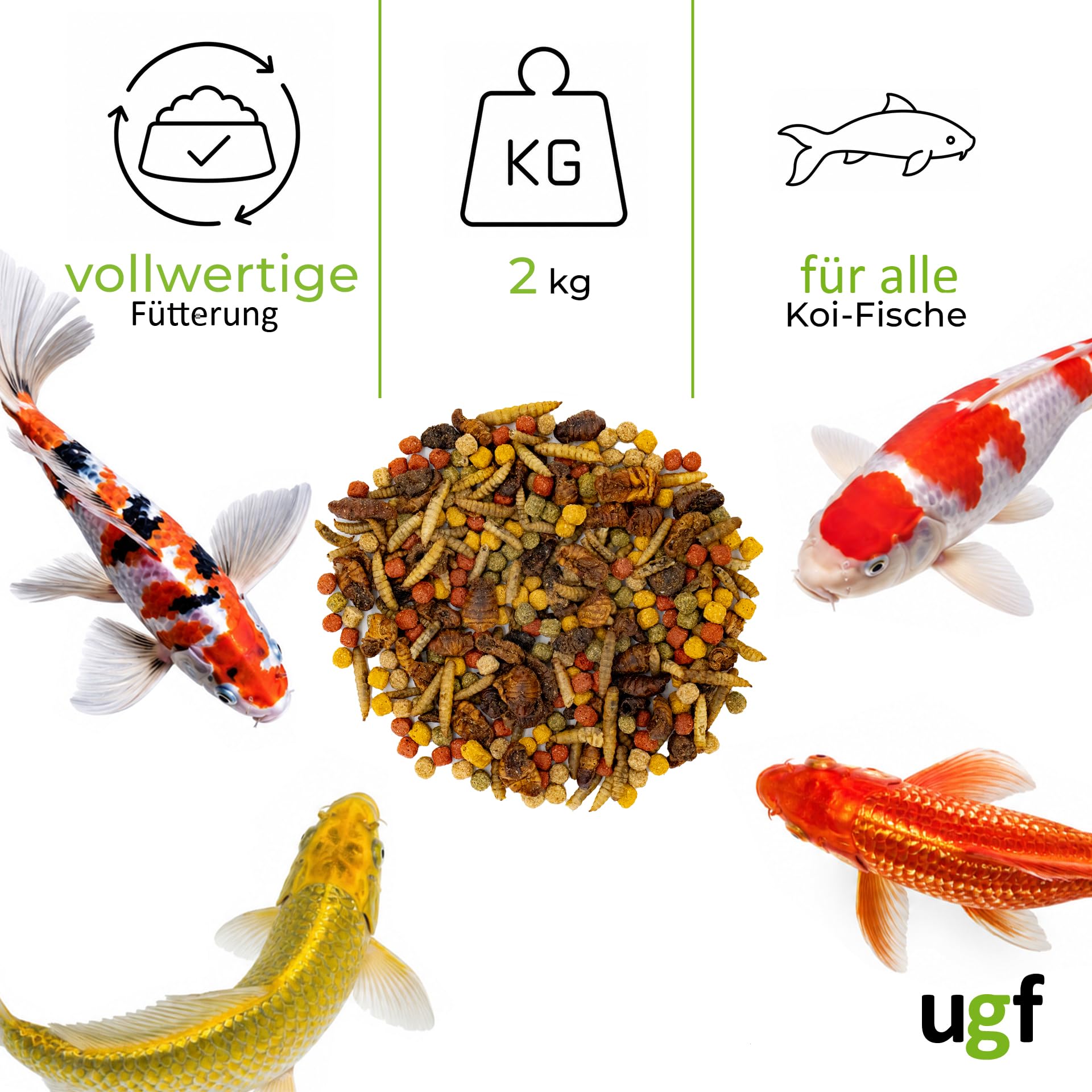 UGF - mieszanka KOI z owadami, 2 kg, bogata w białko karma KOI i karpia dla zdrowego wzrostu i koloru – pokarm dla ryb, staw, pływająca karma dla ryb stawowych