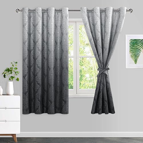 JIUZHEN Cortinas opacas degradadas para dormitorio, con estampado de damasco, aislamiento térmico, para oscurecer la habitación, con alzapaños, 52 x