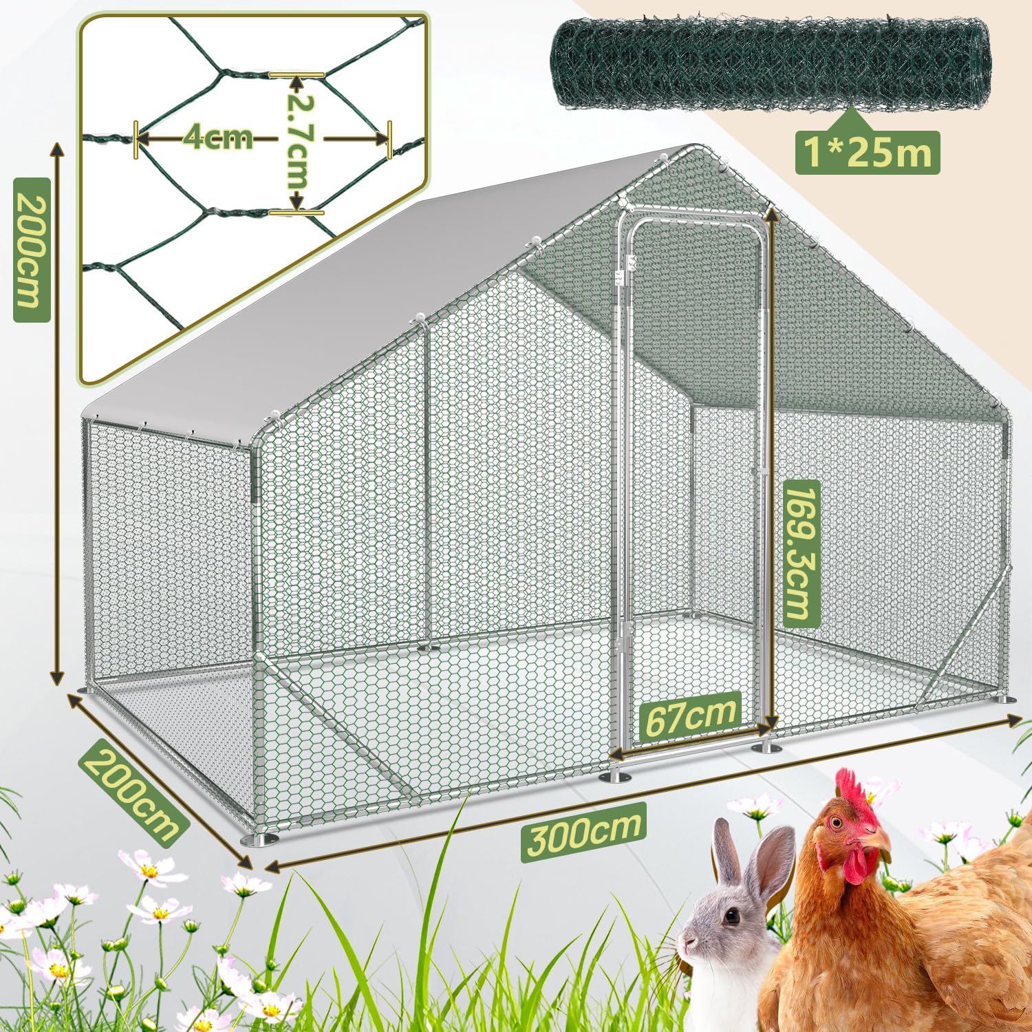 Gallinero de 3 x 2 x 2 m, de acero galvanizado, con puerta y cerrojo, para gallinas, conejos, gansos, palomas y codornices, recinto de metal con red