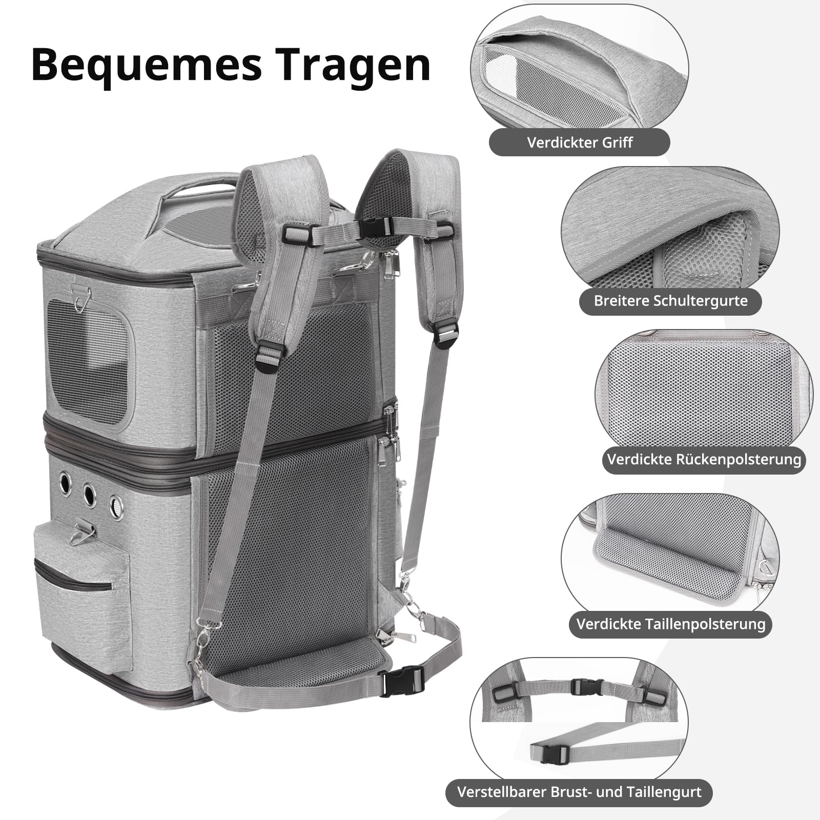 Abnehmbarer Katzenrucksack für 2 Katzen bis 12kg, Faltbar Katzentransportbox, Kucksack Groß für 2 Katzen, Perfekt für Reisen/Wandern/Camping, Grau
