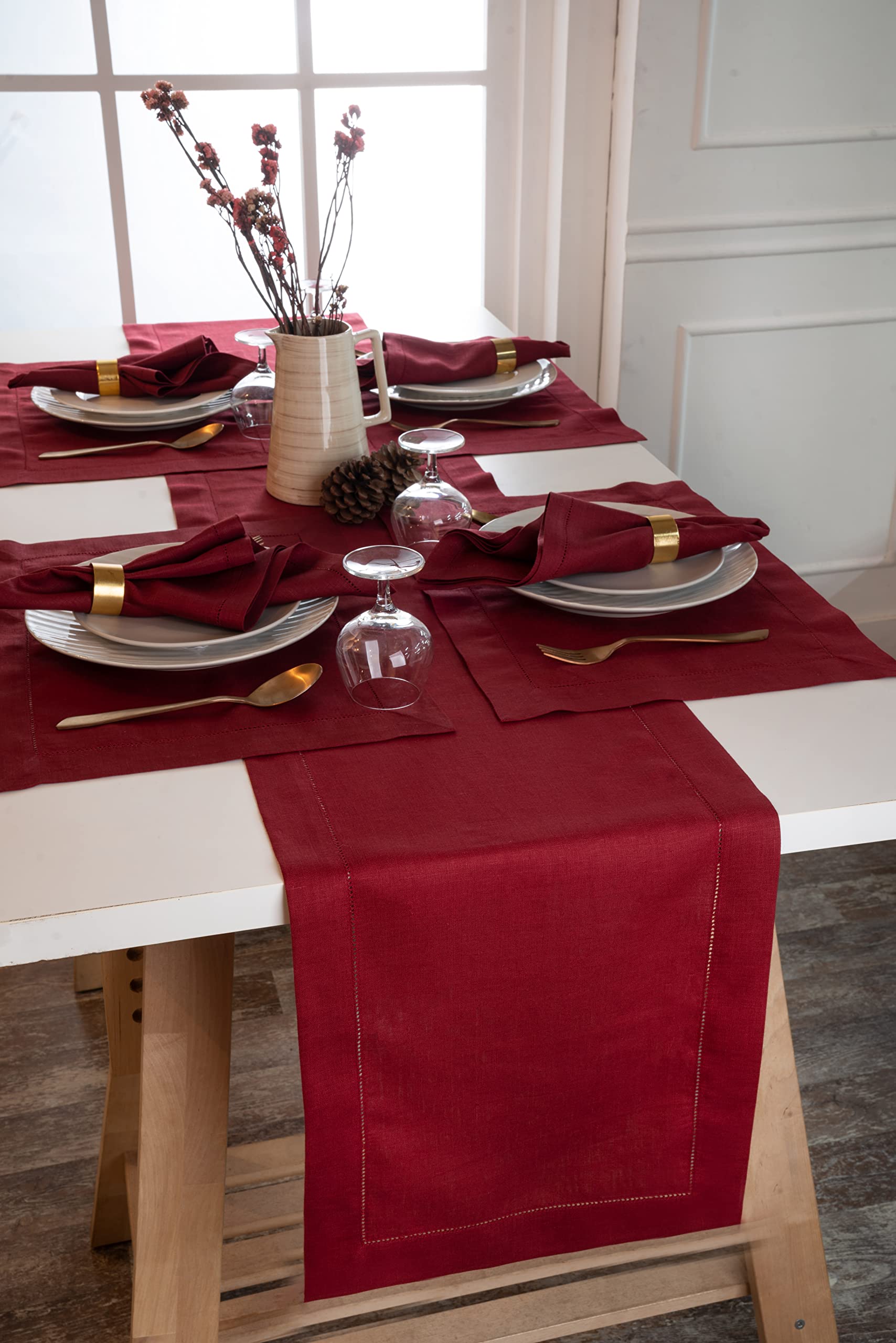 D'Moksha Homes Linen Table Runner - 14 x 72 Inch, 100% Pure Linen, Classic Hemstitch, Dark Red, Machine Washable Farmhouse Style - Image 4