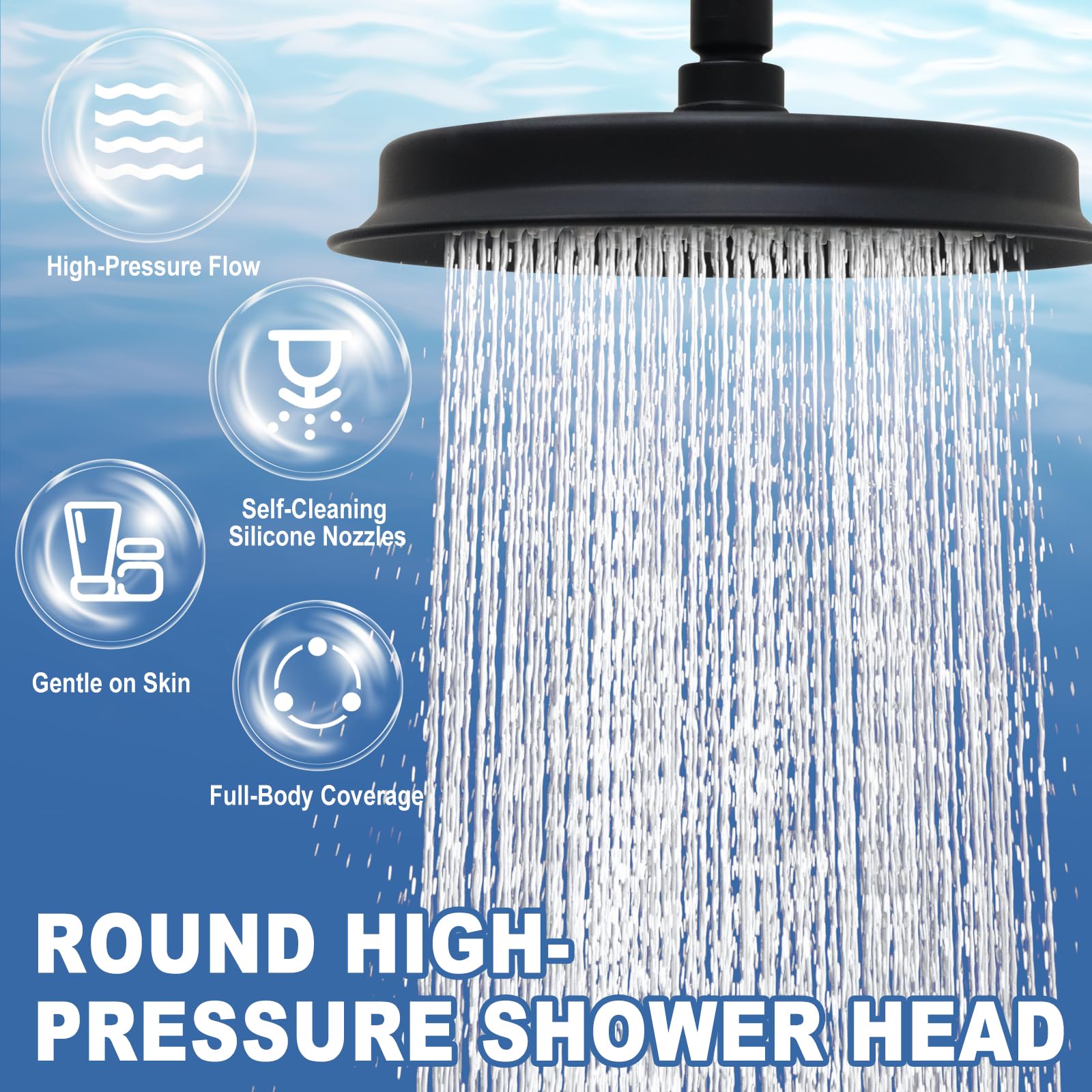 Cabezal de ducha de lluvia redondo negro mate de 9 pulgadas, cabezal de ducha de alta presión, cabezal de ducha de acero inoxidable de grosor vintage con boquilla de silicona, baño moderno y flexible