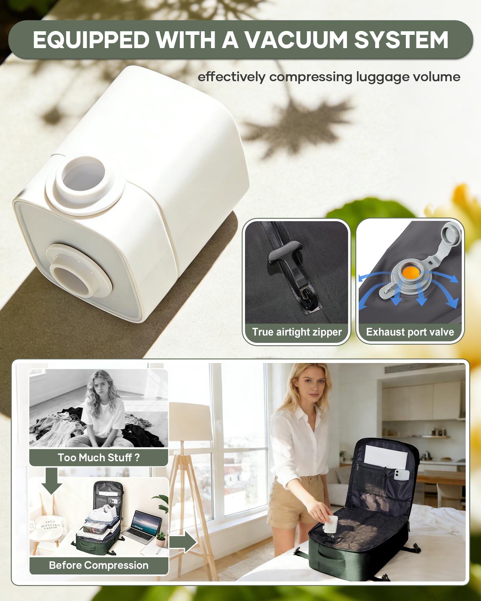 BJLFS Zaino da Viaggio con Sottovuoto Ryanair 40x30x20 Wizzair Bagaglio a mano 40x20x25 Ryanair con Pompa Borse da Cabina per Easyjet 45x36x20 con compressione sottovuoto,Zaino Casual per Laptop