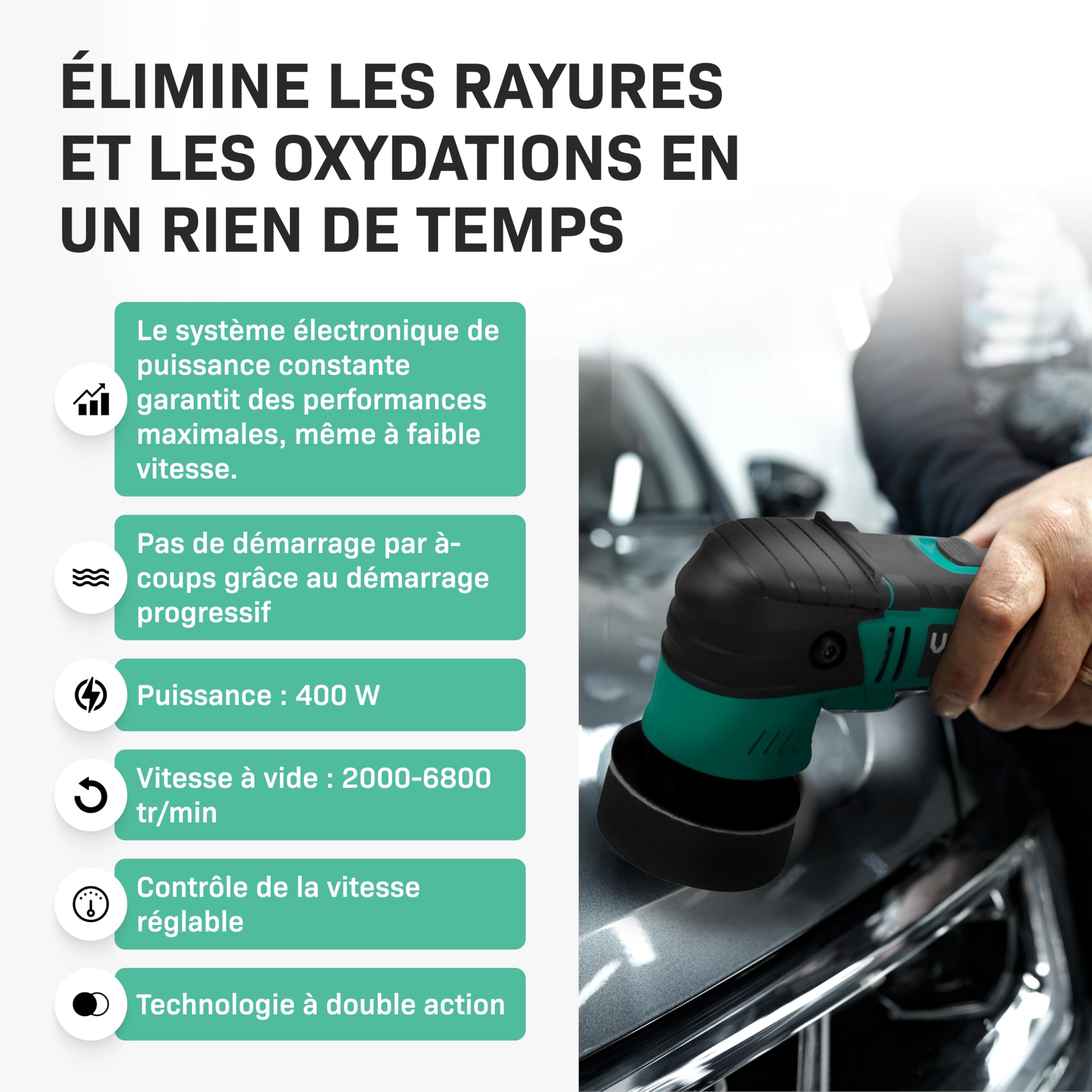 VONROC Polisseuse Double Action 400W - Ø50 mm et Ø75 mm - 2 Supports de Polissage et 2 Éponges de Polissage - Pour Carrosserie - Faites Briller Voitures, Motos, Bateaux - Démarrage Progressif