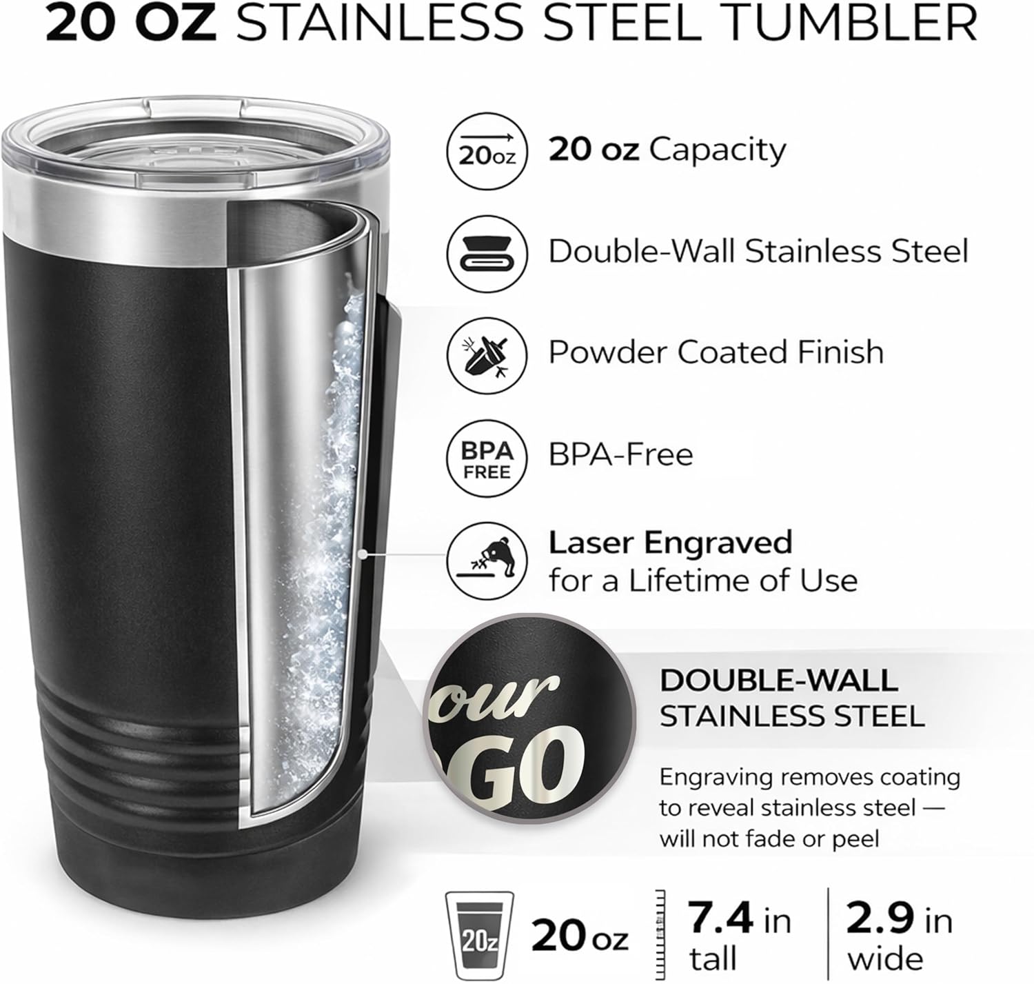 Personalized 20oz Stainless Steel Tumbler - Custom Logo Laser Engraved Travel Coffee Mug with Lid, Double-Wall Insulated, BPA-Free, Corporate Gifts & Promotional Drinkware - Set of 4 (Orange)