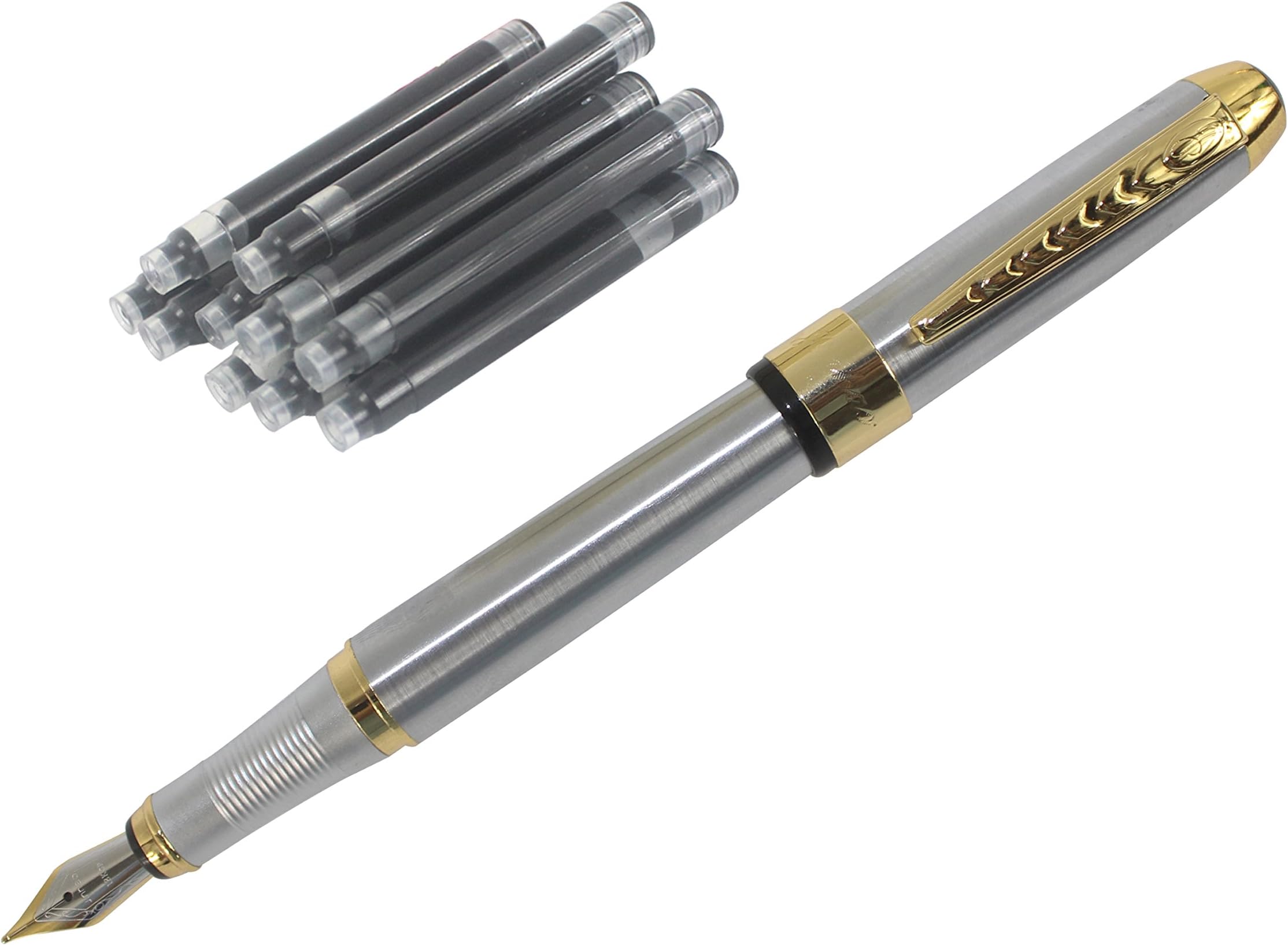 Fountain Pen Jinhao 250 Stainless Steel Gold Trim & 10 Black Ink Cartridges
