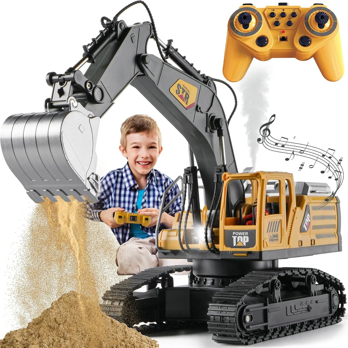 1:14 Remote Control Excavator Toys for Boys,14 Channel RC Digger Construction Toys Tractor,Simulated Smoke, Sound, Lighting, Metal Digging Head, for Boys 6 7 8 9 10 11 12
