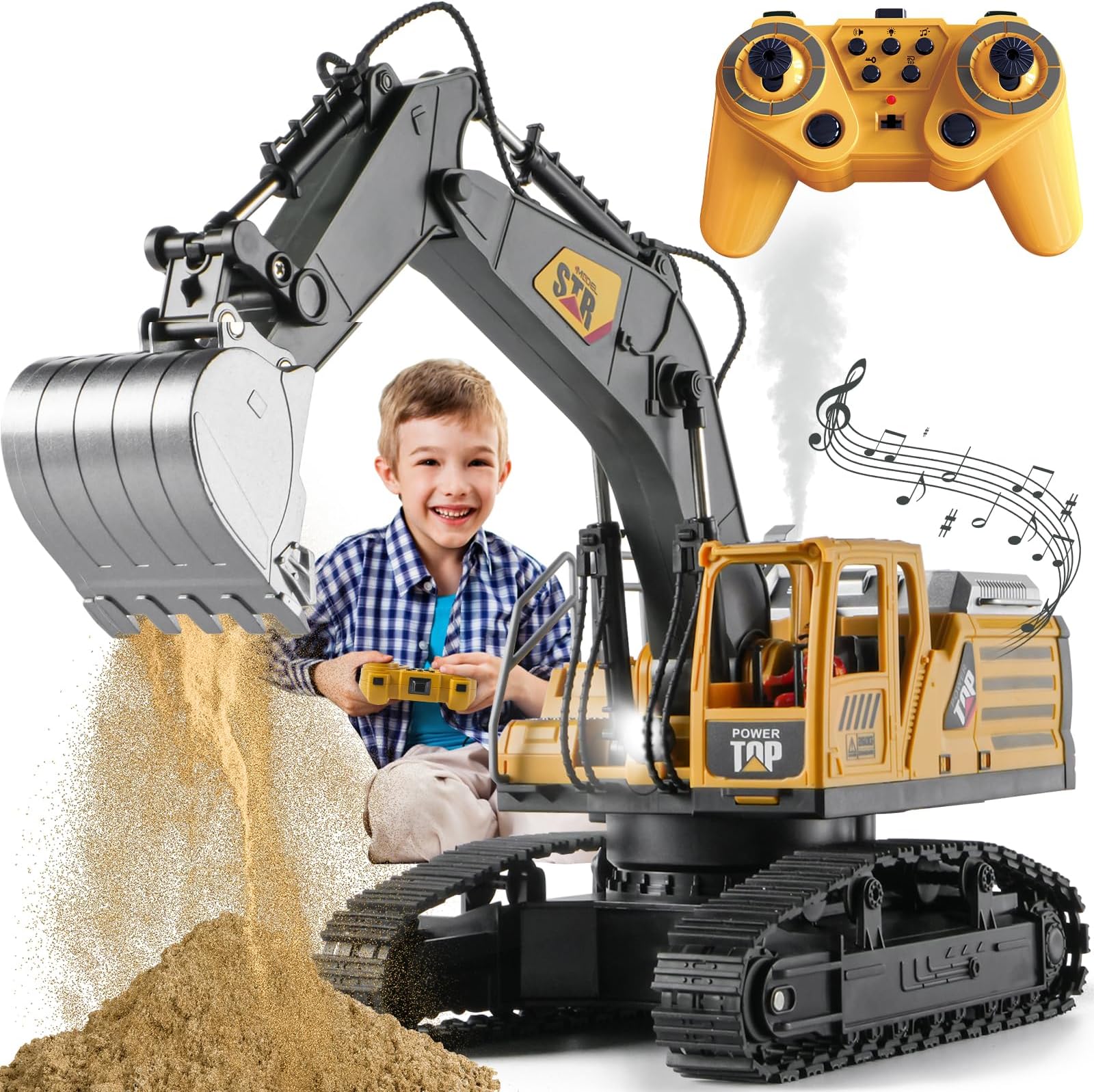 Remote Control Excavator Toys for Boys,14 Channel 1:14 RC Digger Construction Toys Tractor,Simulated Smoke, Sound, Lighting, Metal Digging Head, for Boys 6 7 8 9 10 11 12