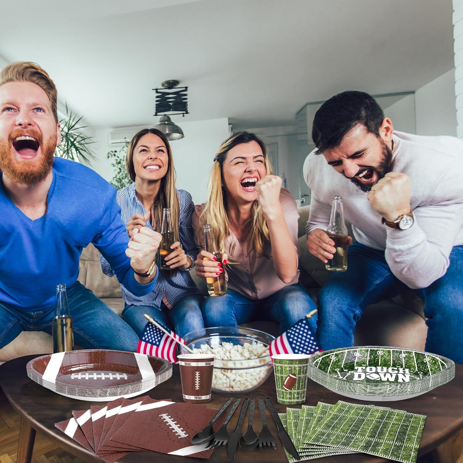 Kochorie 350 Pieces Football Party Decorations Tableware Set Football Disposable 11.8 x 7.8 Inch Paper Plate Cup Napkin Spoons Forks Knives for Sport Football Game Day Party Supplies Serve 50 Guests