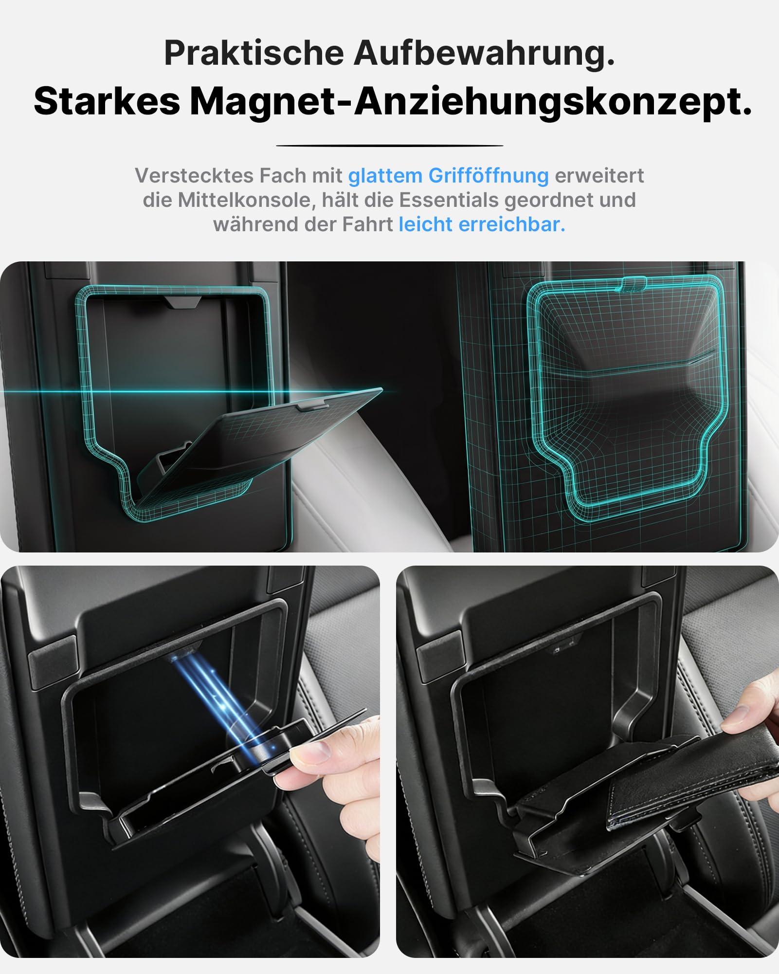 4-Teiliges Mittelkonsole Organizer für Tesla Model 3 Highland 2024-2026 & Model Y Juniper 2025-2026 (nur Premium & Performance), Aufbewahrungsbox Armlehnenablage Zubehör