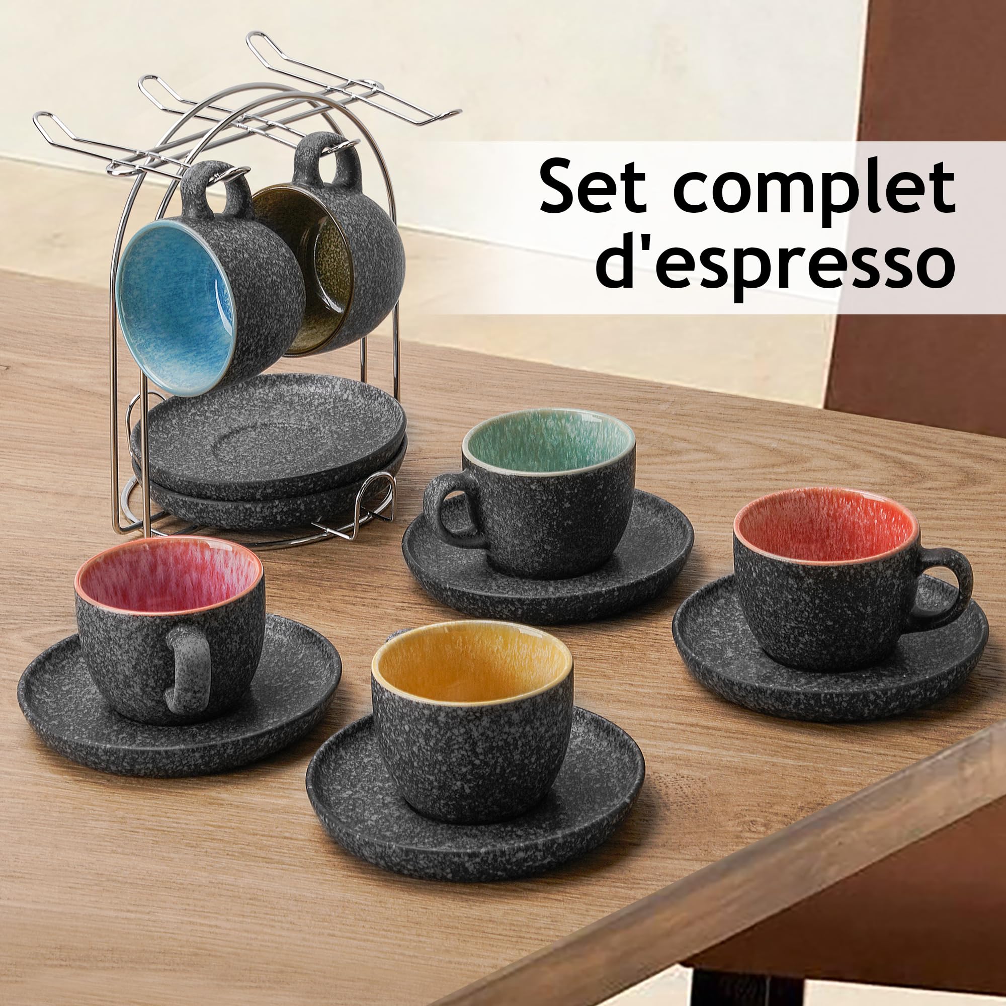 MIAMIO - Tasses à espresso empilables en céramique de 80 ml avec soucoupes et support en métal, ensemble de 6 demitasse pour latte café moka et thé - Collection Las Palmitas