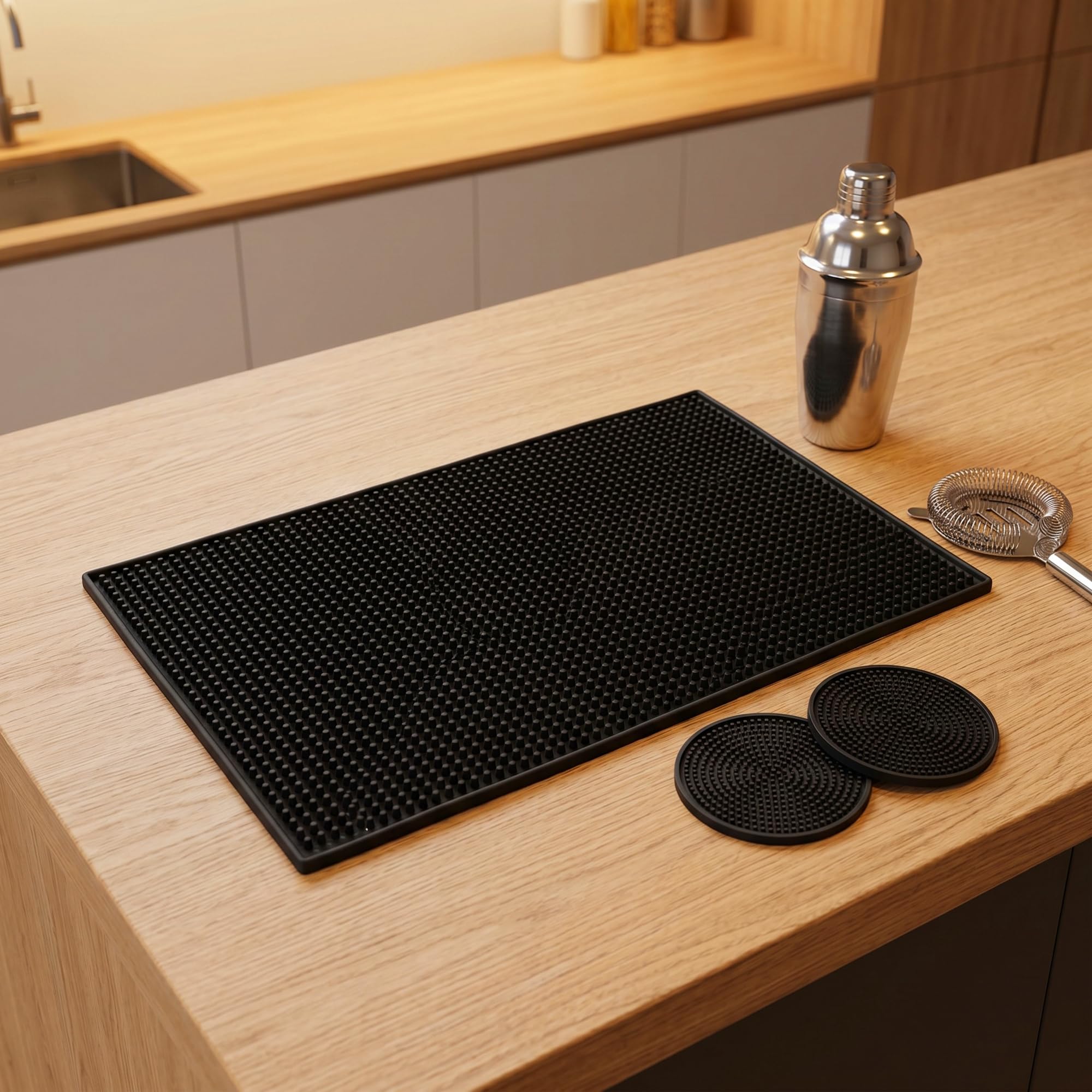 4 tappetini da bar in PVC, 45 x 30 cm, colore nero, per stoviglie, con 4 sottobicchieri rotondi da 10 cm, accessori per bar e cucina