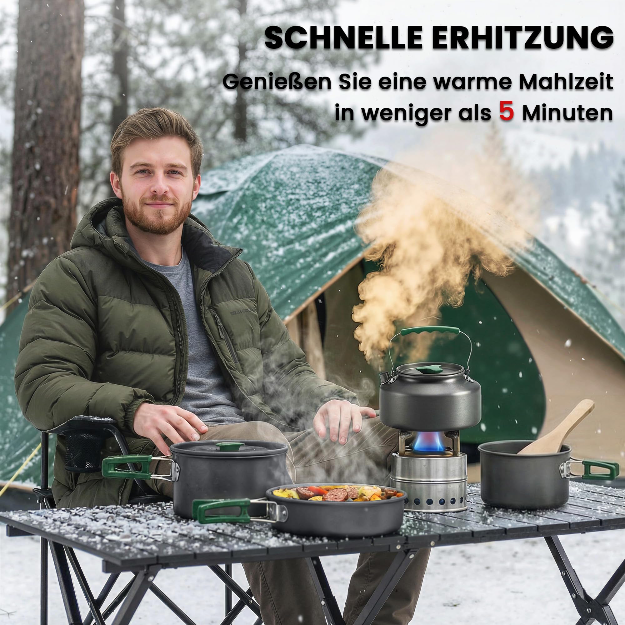 Outsunny Camping Kochgeschirr Set mit Anti-Verbrühungsgriffen Topf Grau | 5-Teiliges Outdoor Geschirr, Pfanne, Tragbares Kochtopf Set, für 4-5 Personen, für Outdoor Wandern Picknick BBQ